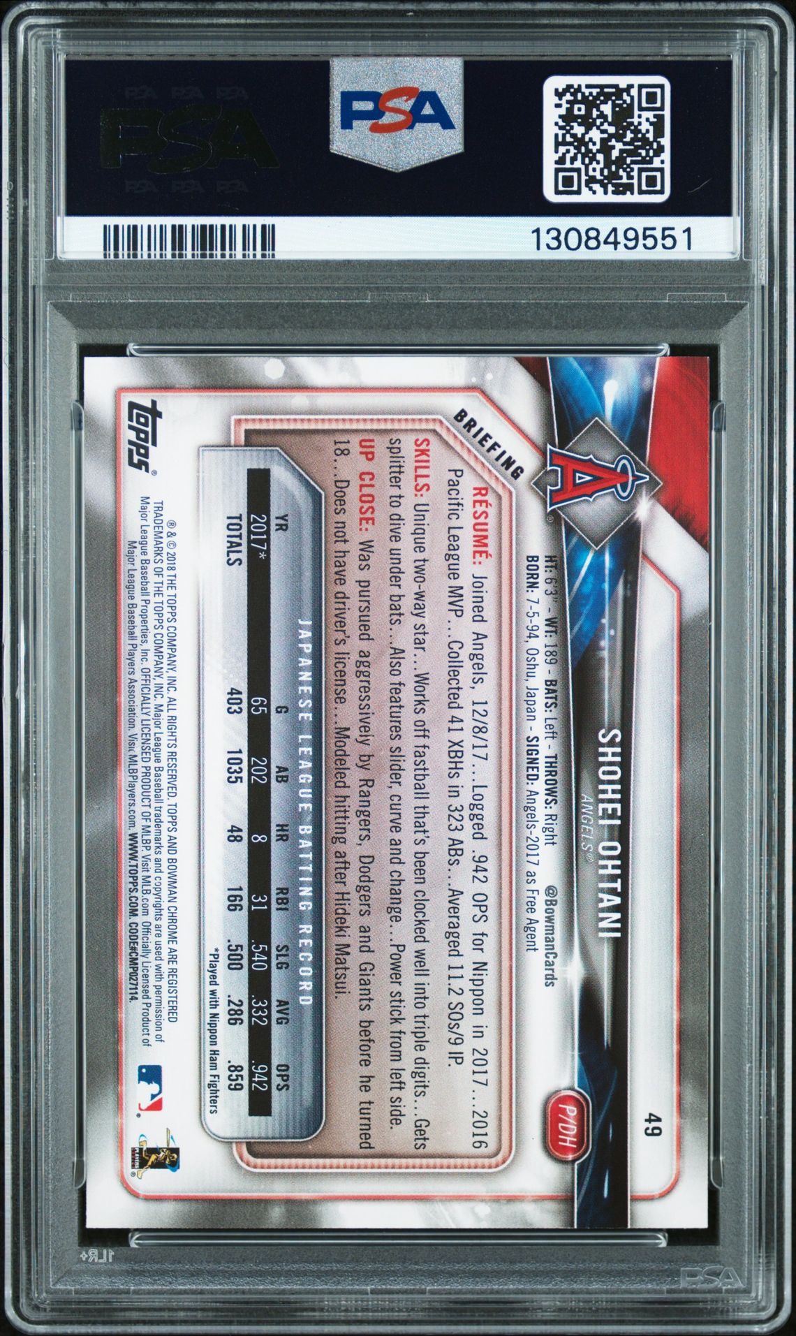 2018 Bowman Shohei Ohtani #49 Mint 9 back