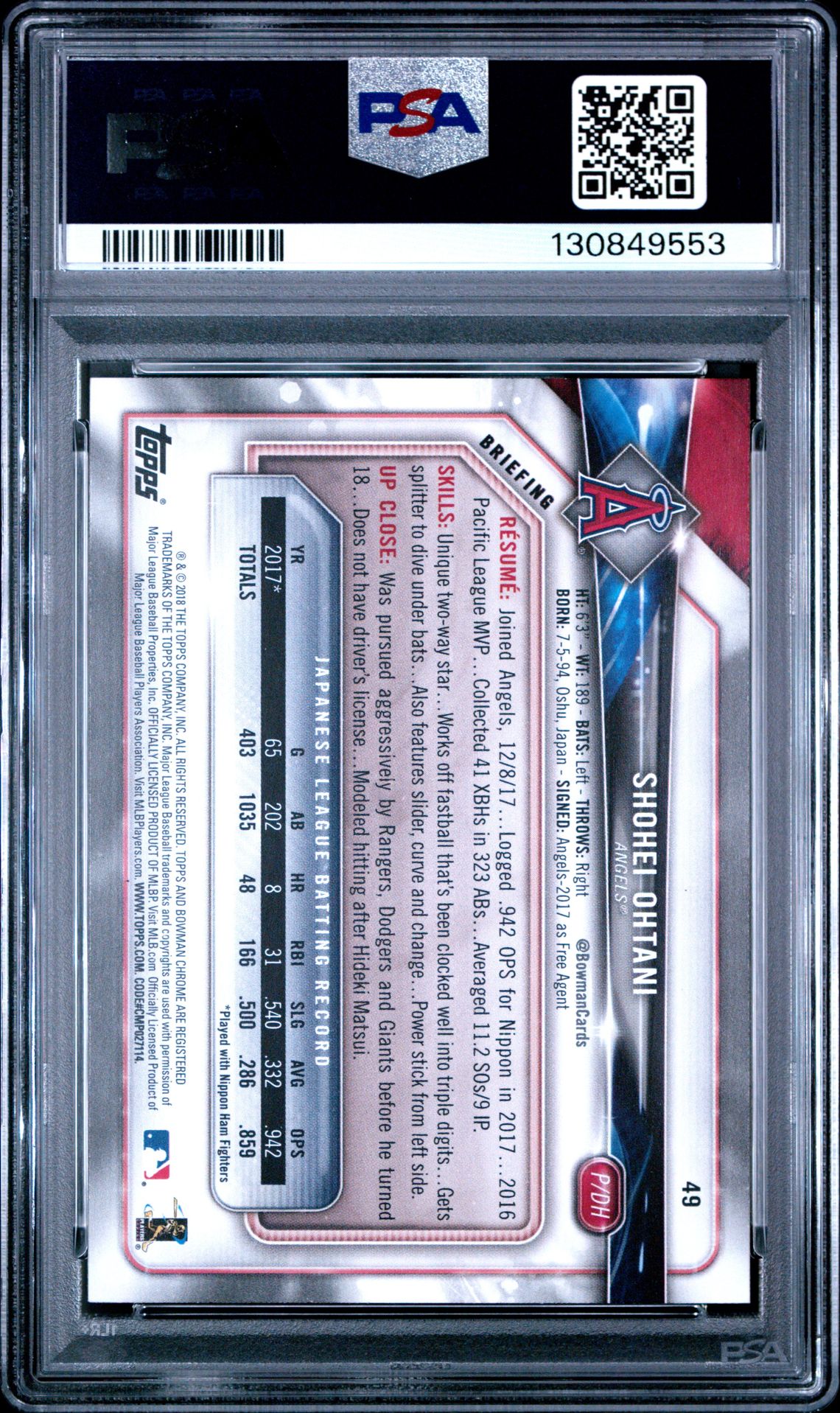 2018 Bowman Shohei Ohtani #49 Mint 9 back