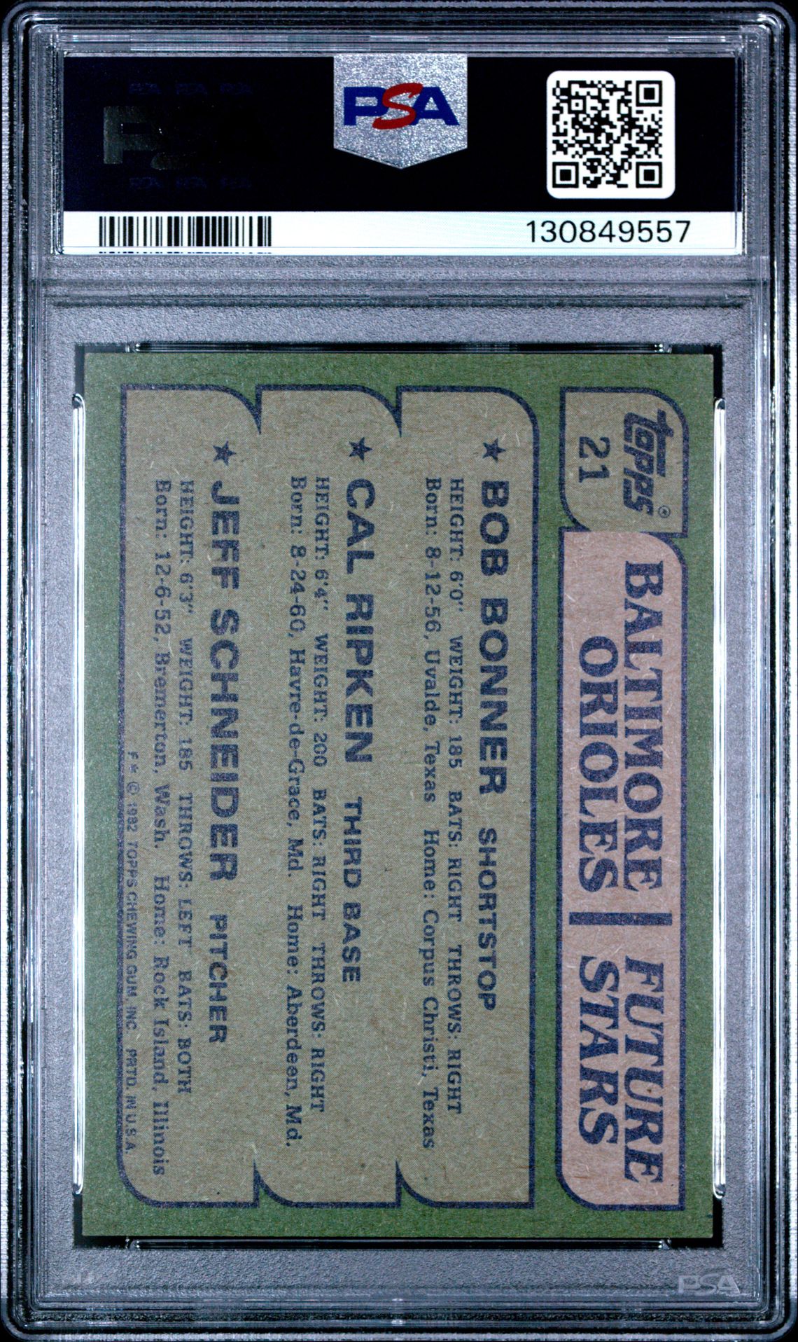 1982 Topps Orioles Future Stars #21 (Bonner/Ripken/Schneider) Nm-Mt 8 back