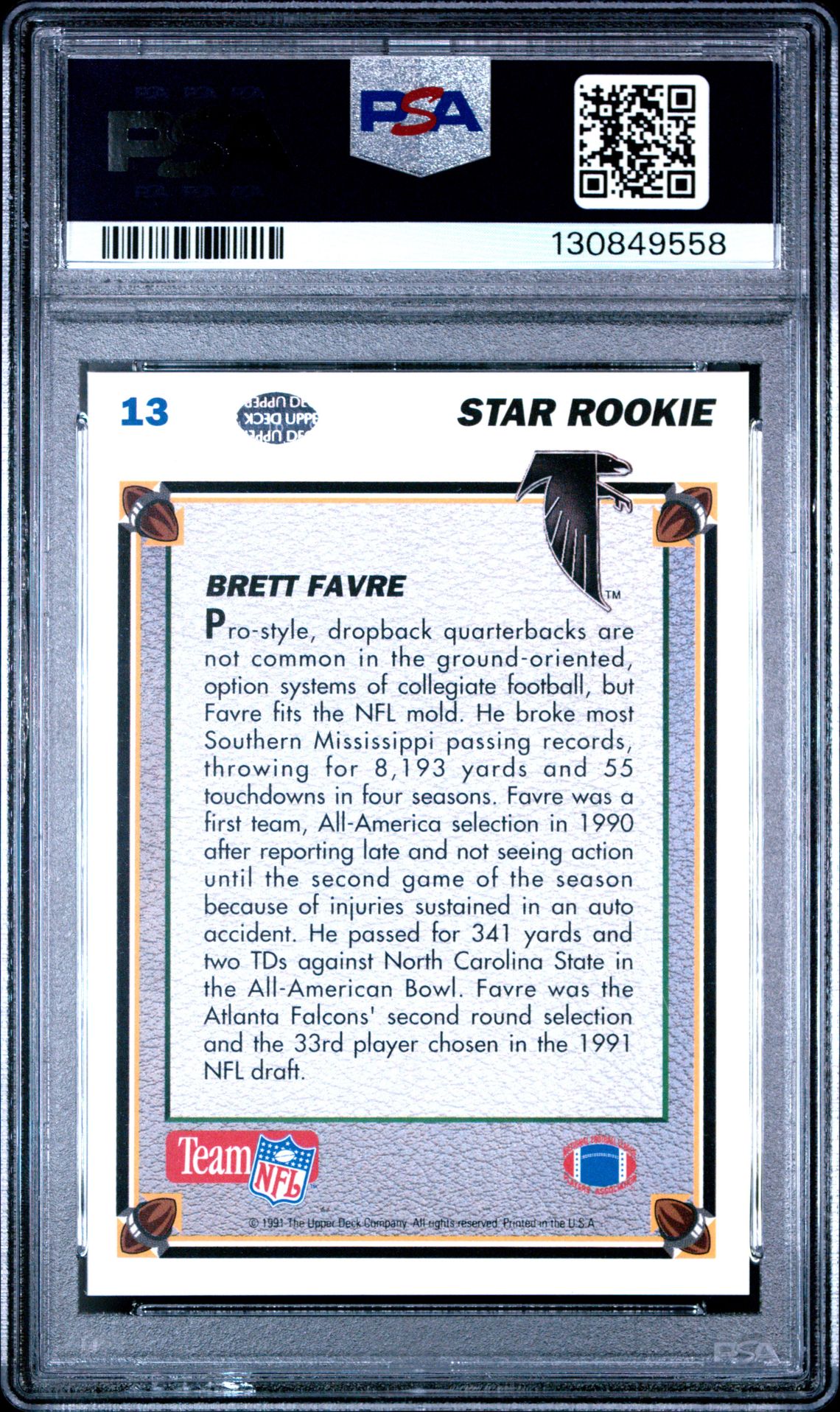 1991 Upper Deck Brett Favre #13 Nm-Mt 8 back