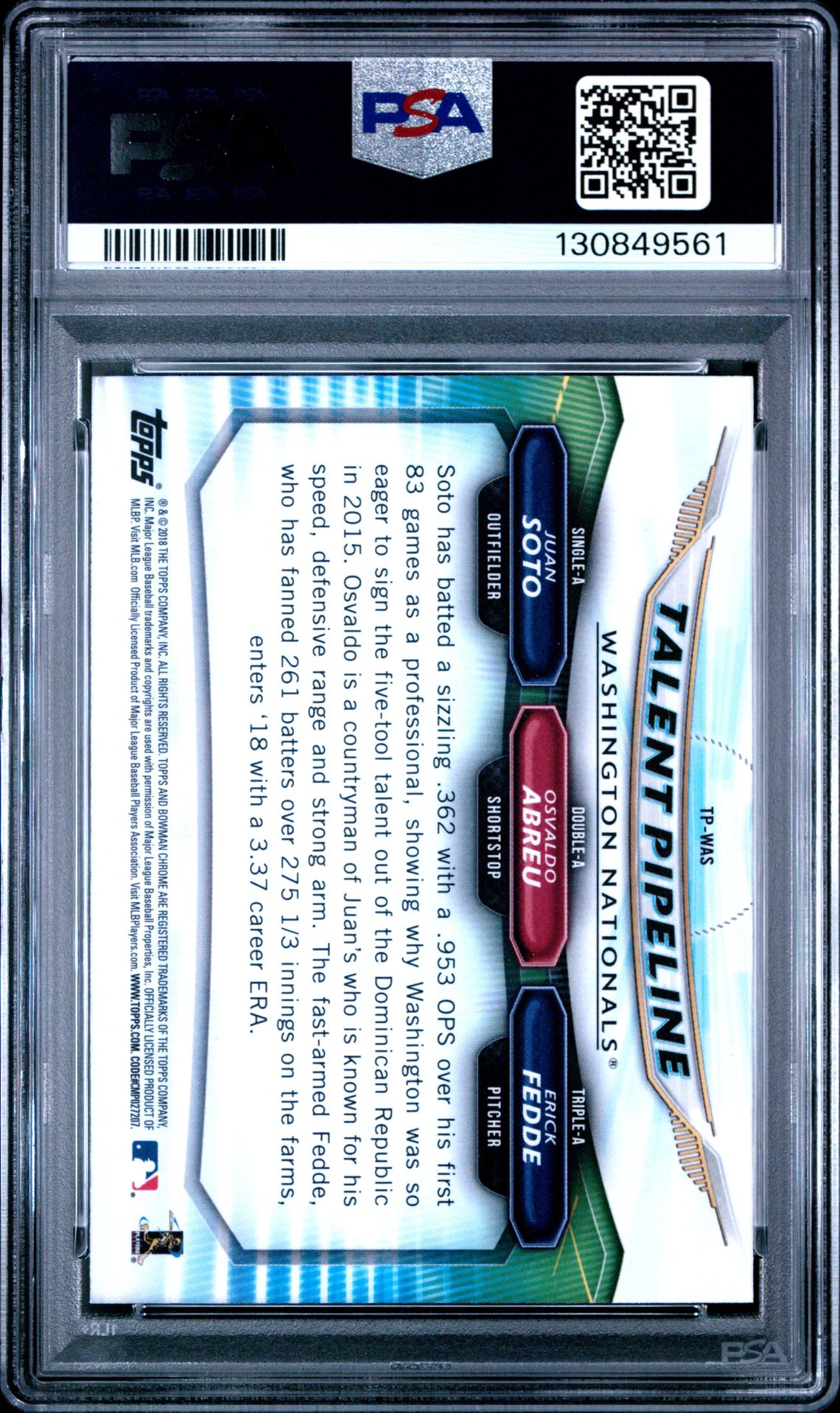 2018 Bowman Talent Pipeline Chrome Soto/Abreu/Fedde #Was (Talent Pipeline Chrome) Gem Mt 10 back