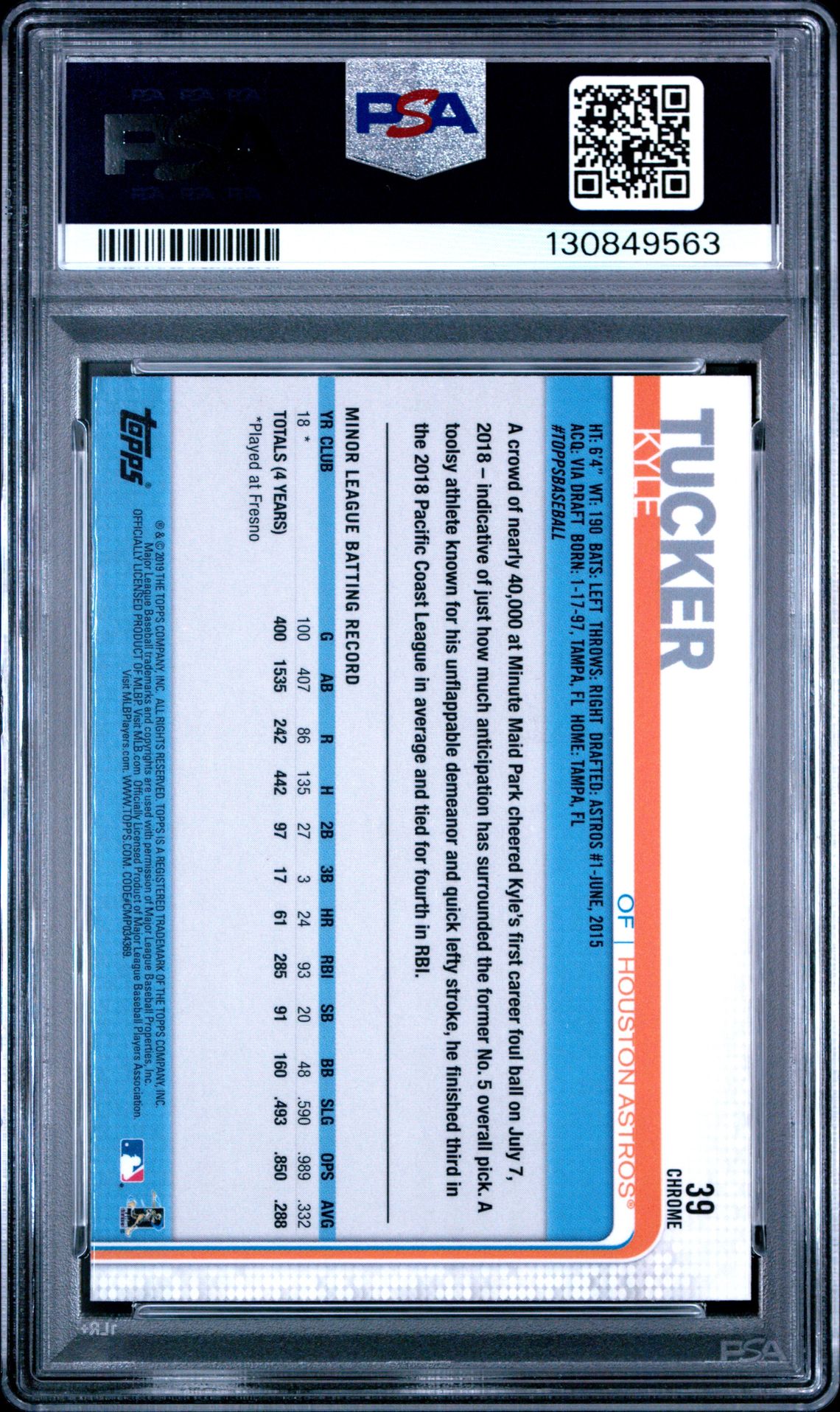 2019 Topps Chrome Kyle Tucker #39 (Running-Prism Refractor) Gem Mt 10 back