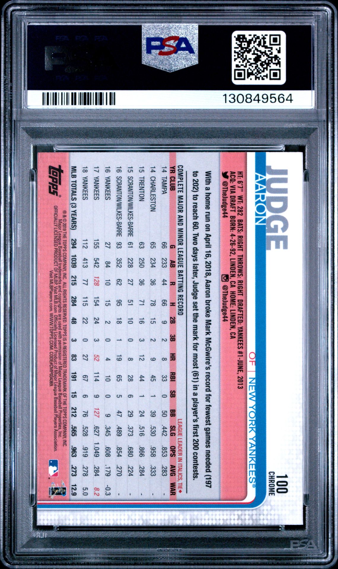 2019 Topps Chrome Aaron Judge #100 (Batting-Prism Refractor) Gem Mt 10 back