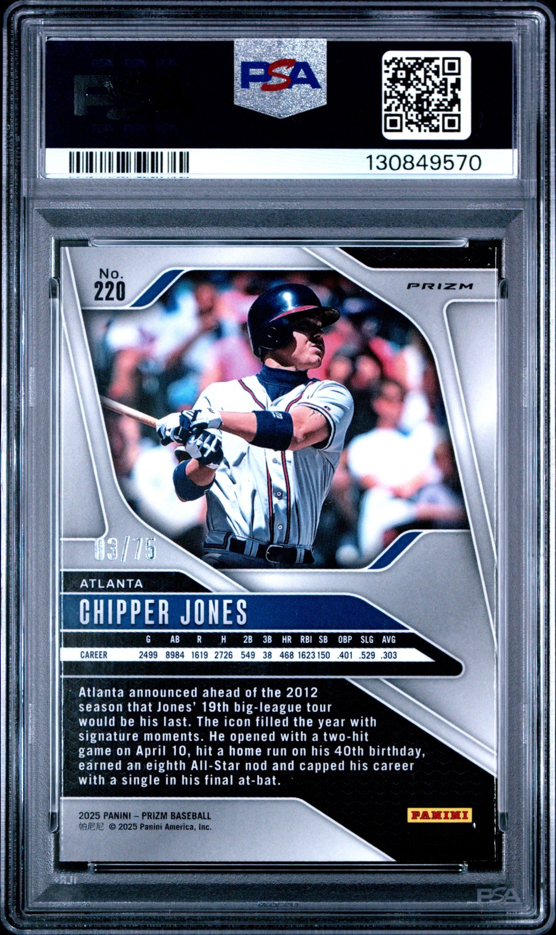2025 Panini Prizm Chipper Jones #220 (Green Scope) Gem Mt 10 back