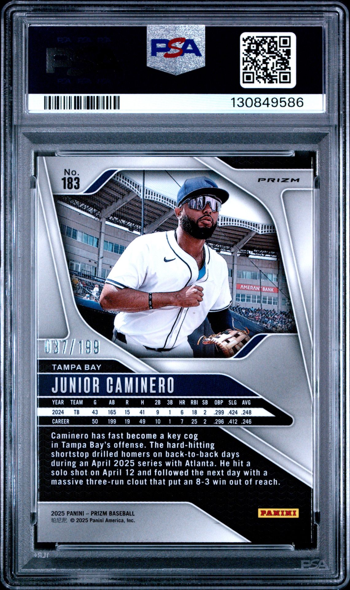 2025 Panini Prizm Junior Caminero #183 (Blue Prizm) Gem Mt 10 back