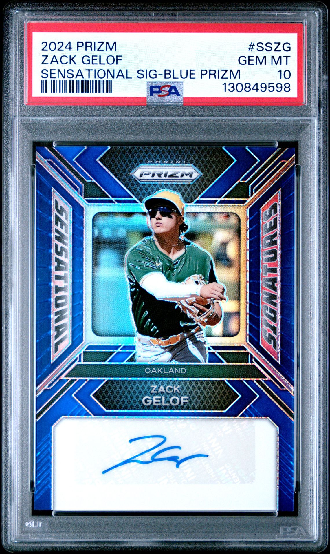 2024 Panini Prizm Sensational Signatures Zack Gelof #Sszg (Sensational Sig-Blue Prizm) Gem Mt 10 front