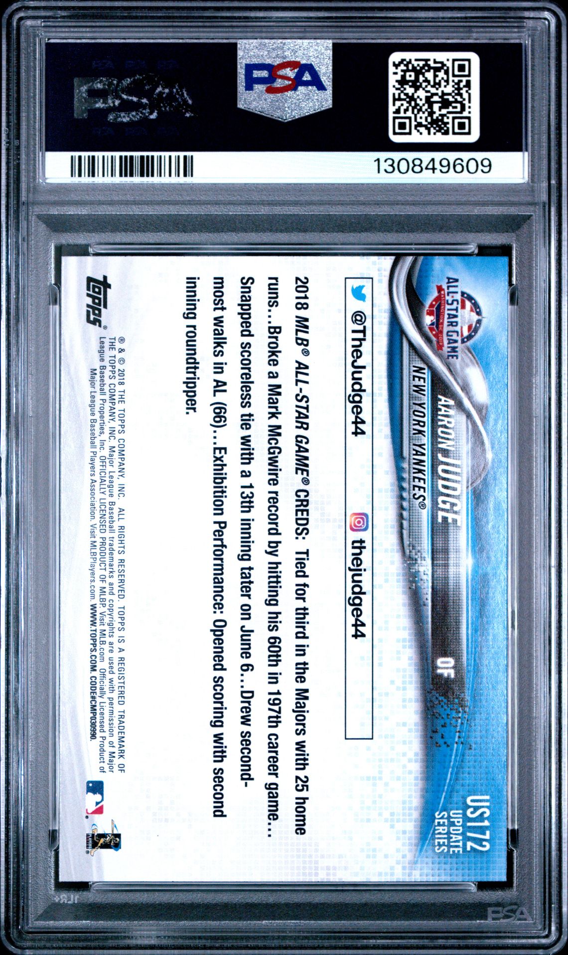 2018 Topps Update Aaron Judge #Us172 (Rainbow Foil) Mint 9 back