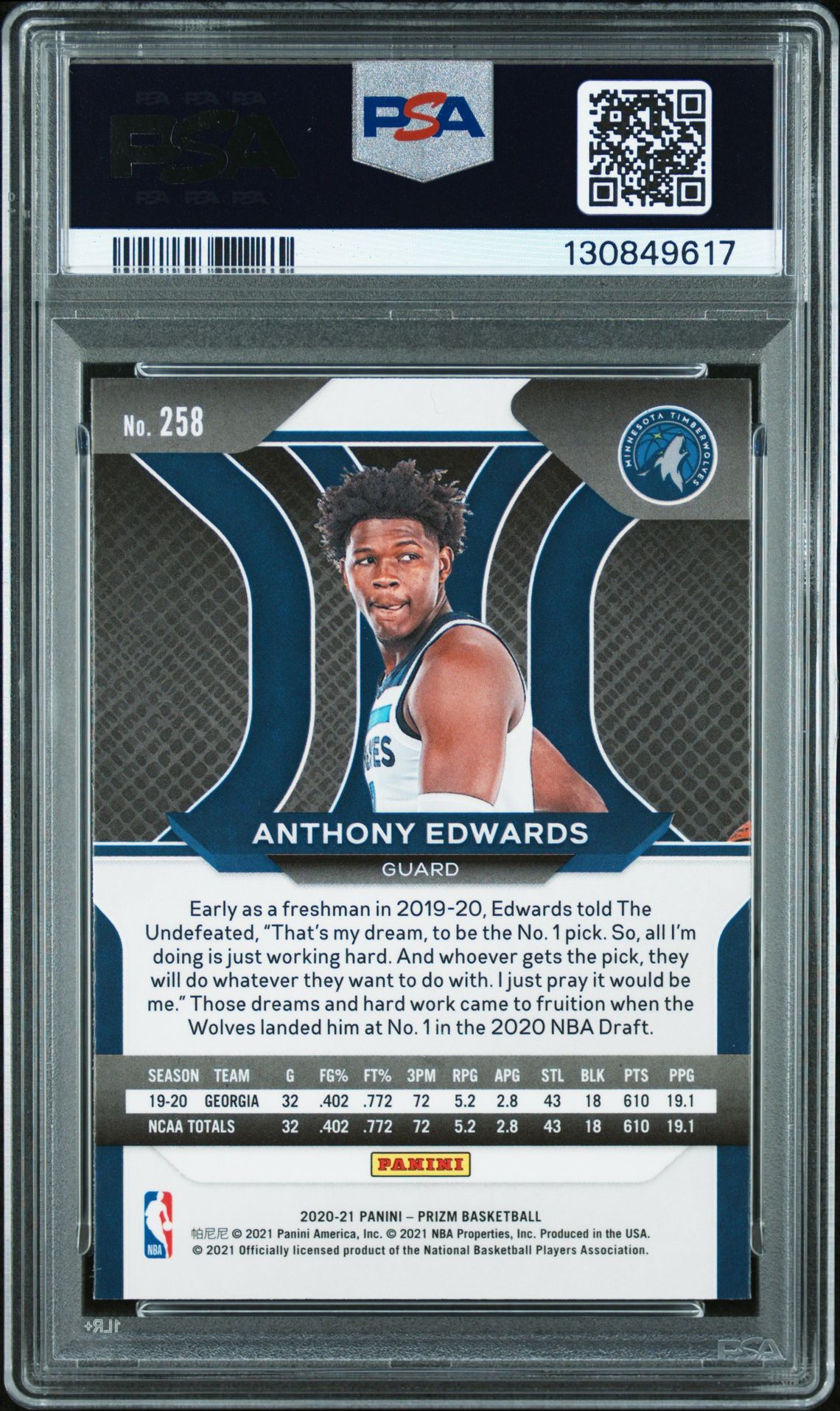 2020 Panini Prizm Anthony Edwards #258 Mint 9 back