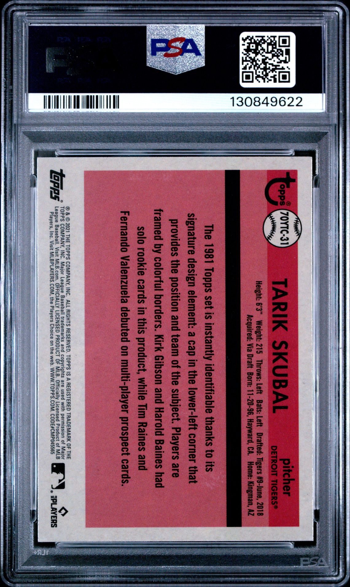 2021 Topps 70 Years Of Topps Baseball Chrome Tarik Skubal #31 (70 Years/Topps Bb Chrome) Mint 9 back