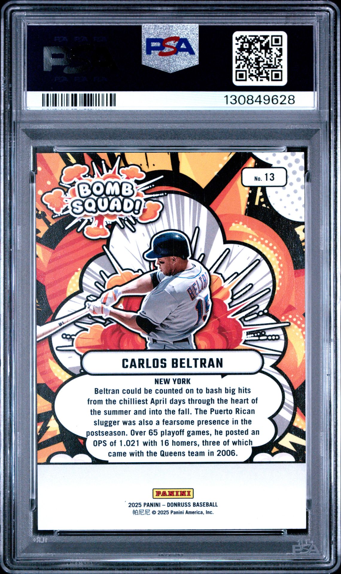 2025 Panini Donruss Bomb Squad Carlos Beltran #13 (Bomb Squad-Gold Ice) Gem Mt 10 back