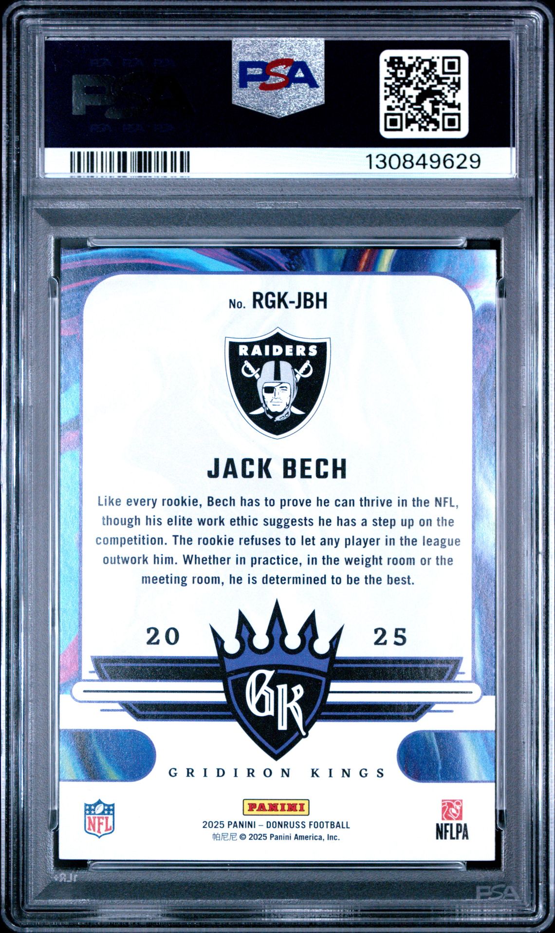 2025 Panini Donruss Rookie Gridiron Kings Jack Bech #Rgk-Jbh Mint 9 back