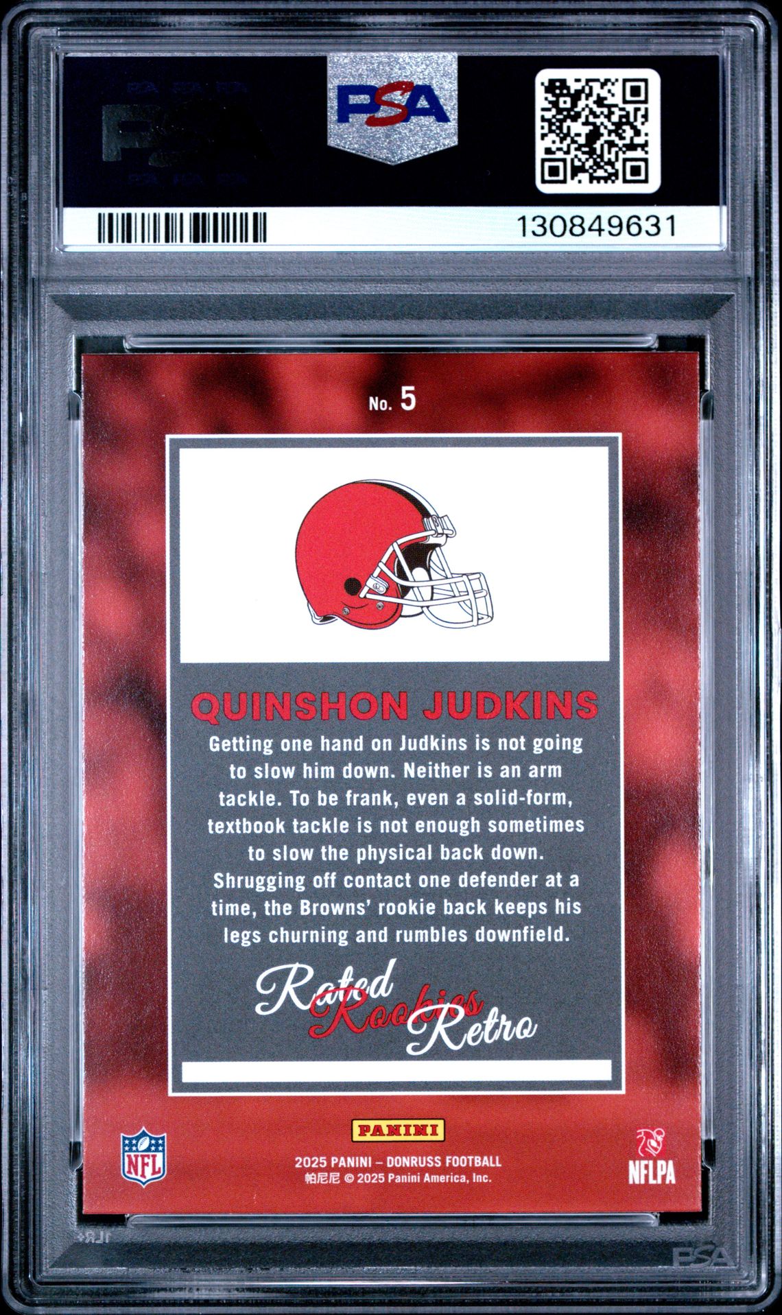 2025 Panini Donruss Rated Rookies Retro Quinshon Judkins #5 Gem Mt 10 back