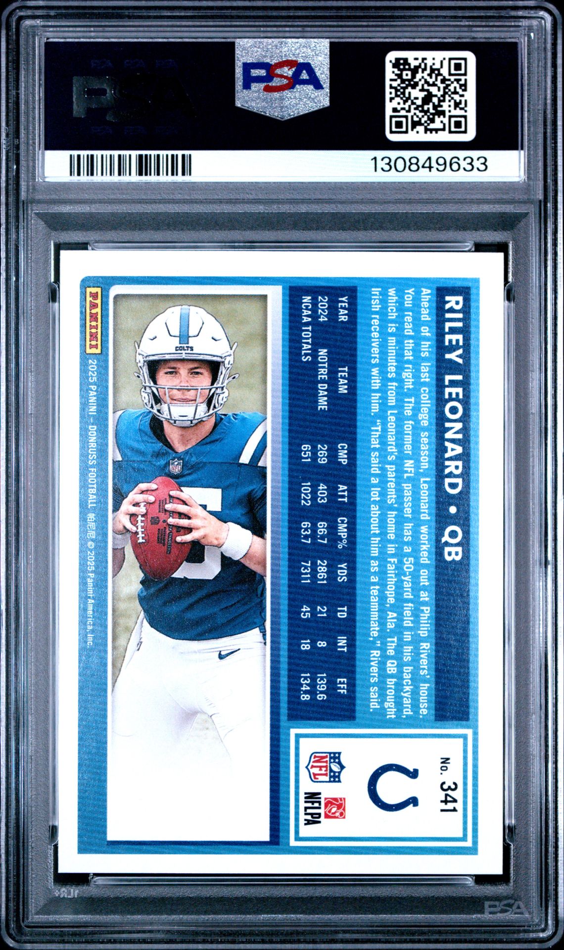 2025 Panini Donruss Riley Leonard #341 Gem Mt 10 back