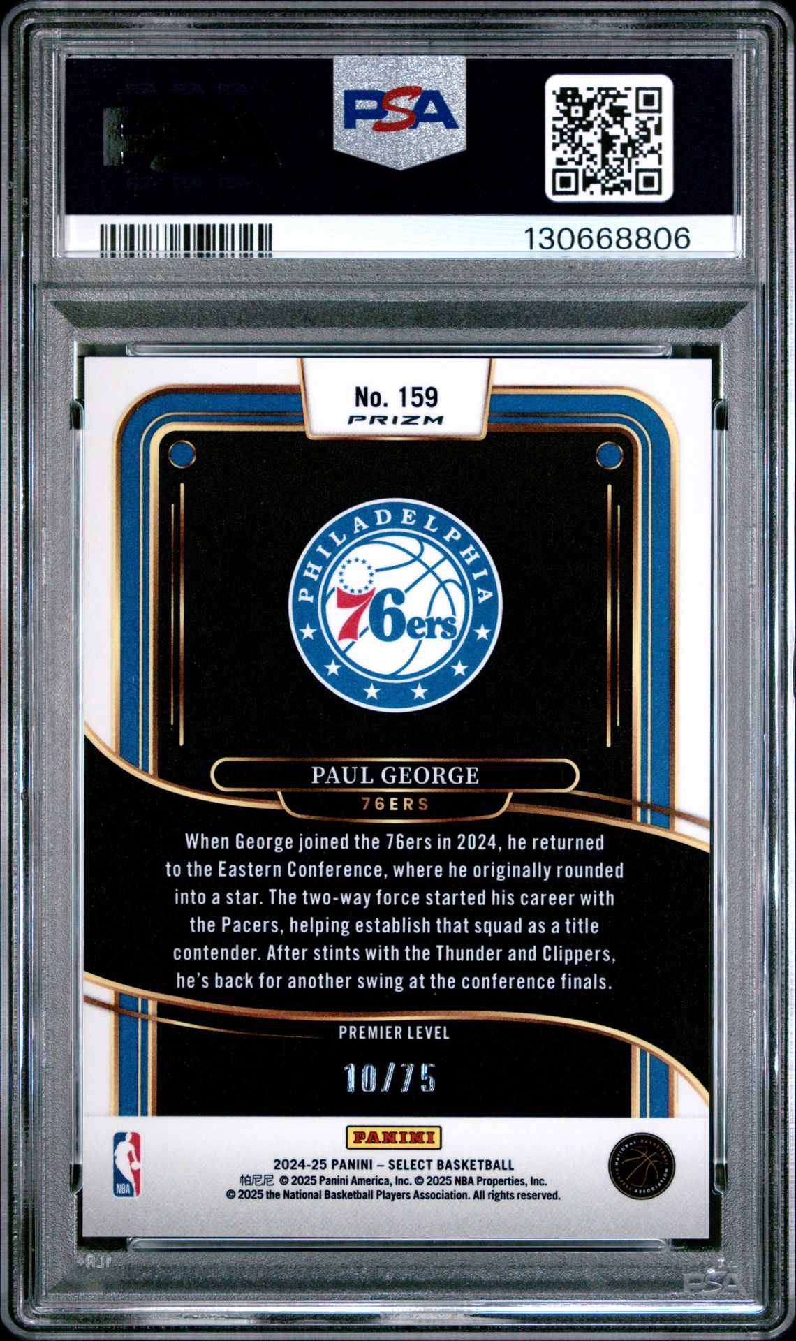 2024 Panini Select Paul George #159 (Blue Wave) Gem Mt 10 back