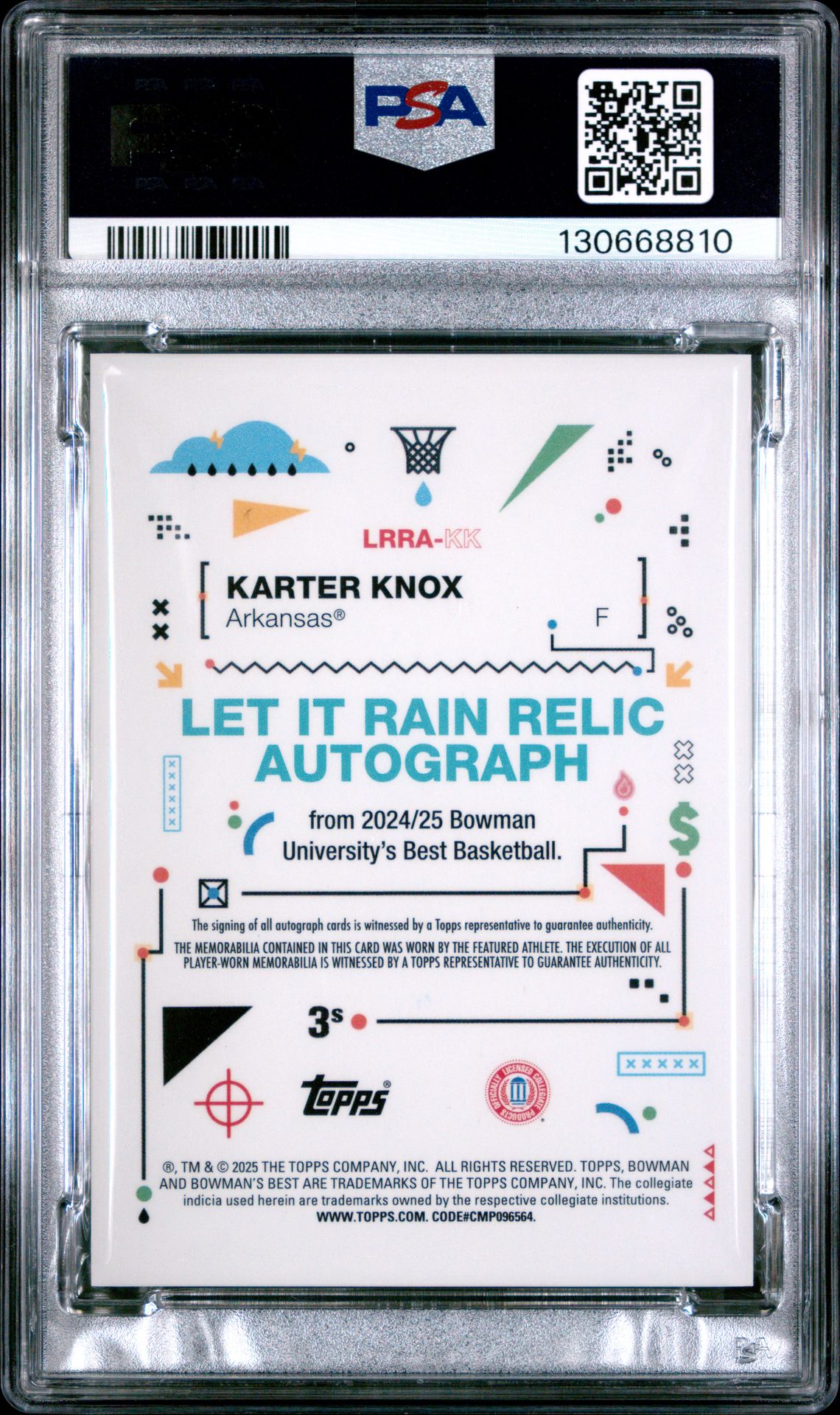 2024 Bowman University Best Let It Rain Relic Autographs Karter Knox #Lrrakk (Let It Rain Rl Auto-Org Geo) Mint 9 back
