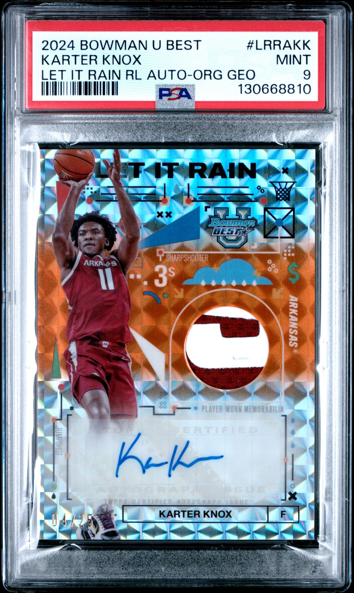 2024 Bowman University Best Let It Rain Relic Autographs Karter Knox #Lrrakk (Let It Rain Rl Auto-Org Geo) Mint 9 front