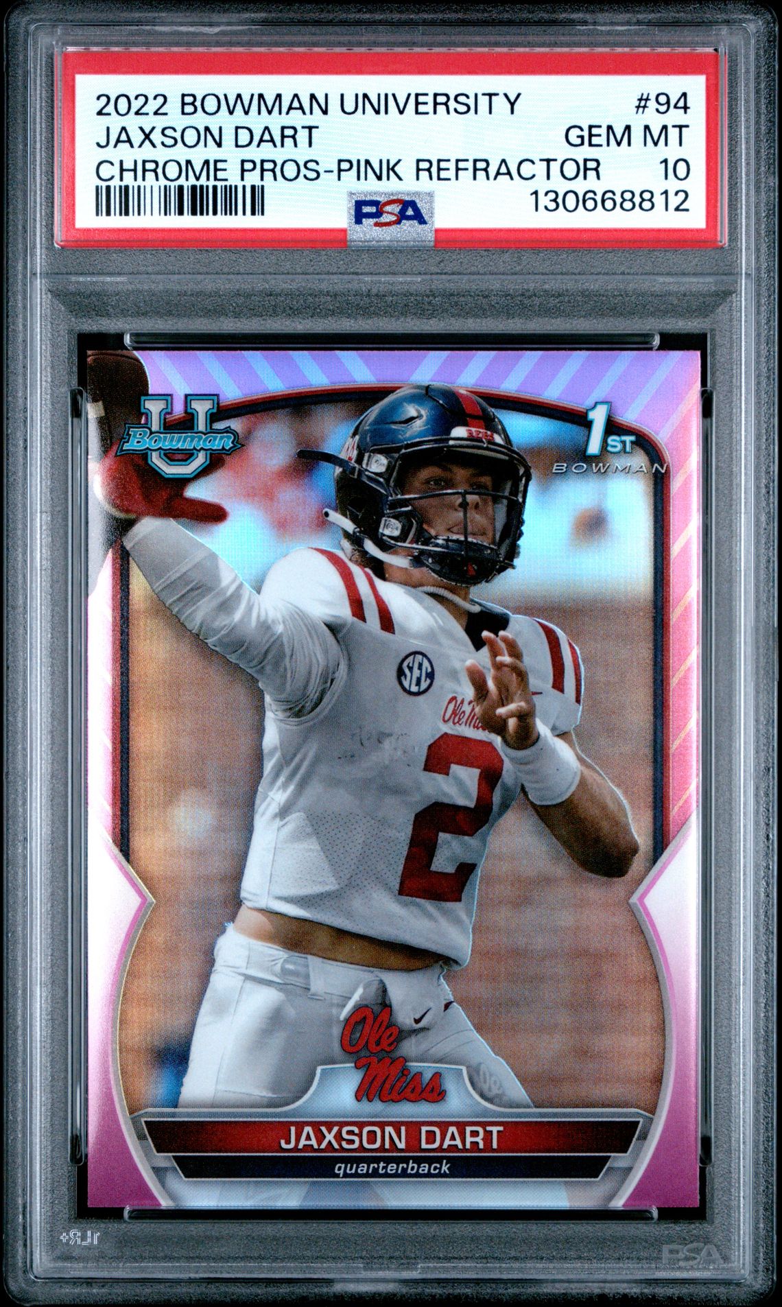 2022 Bowman University Chrome Prospects Jaxson Dart #94 (Chrome Pros-Pink Refractor) Gem Mt 10 front