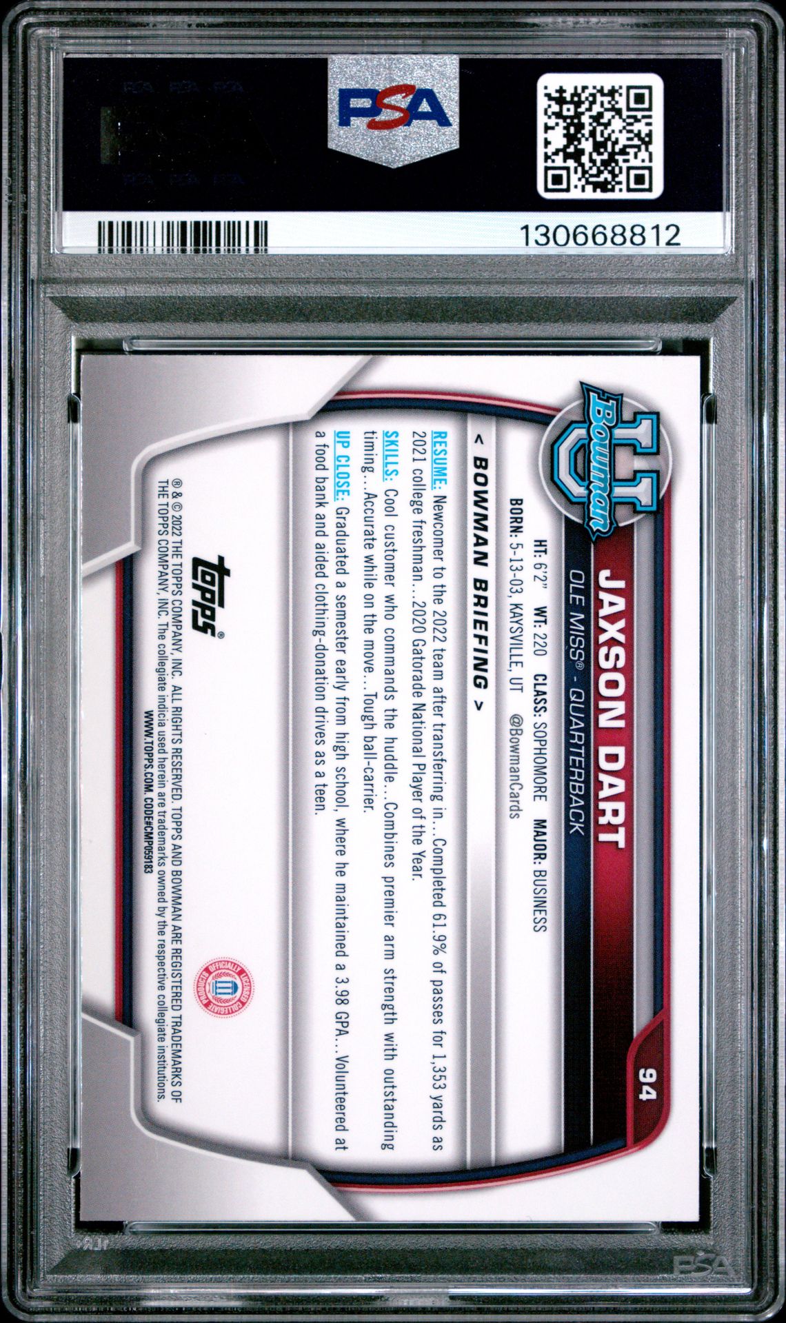 2022 Bowman University Chrome Prospects Jaxson Dart #94 (Chrome Pros-Pink Refractor) Gem Mt 10 back