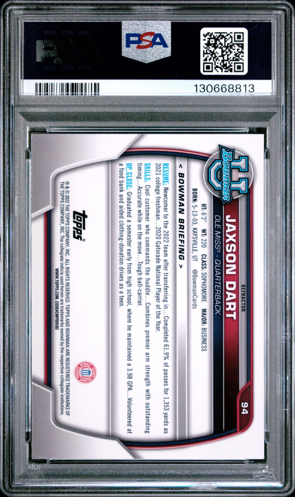 2022 Bowman University Chrome Prospects Jaxson Dart #94 (Chrome Pros-Refractor) Gem Mt 10 back