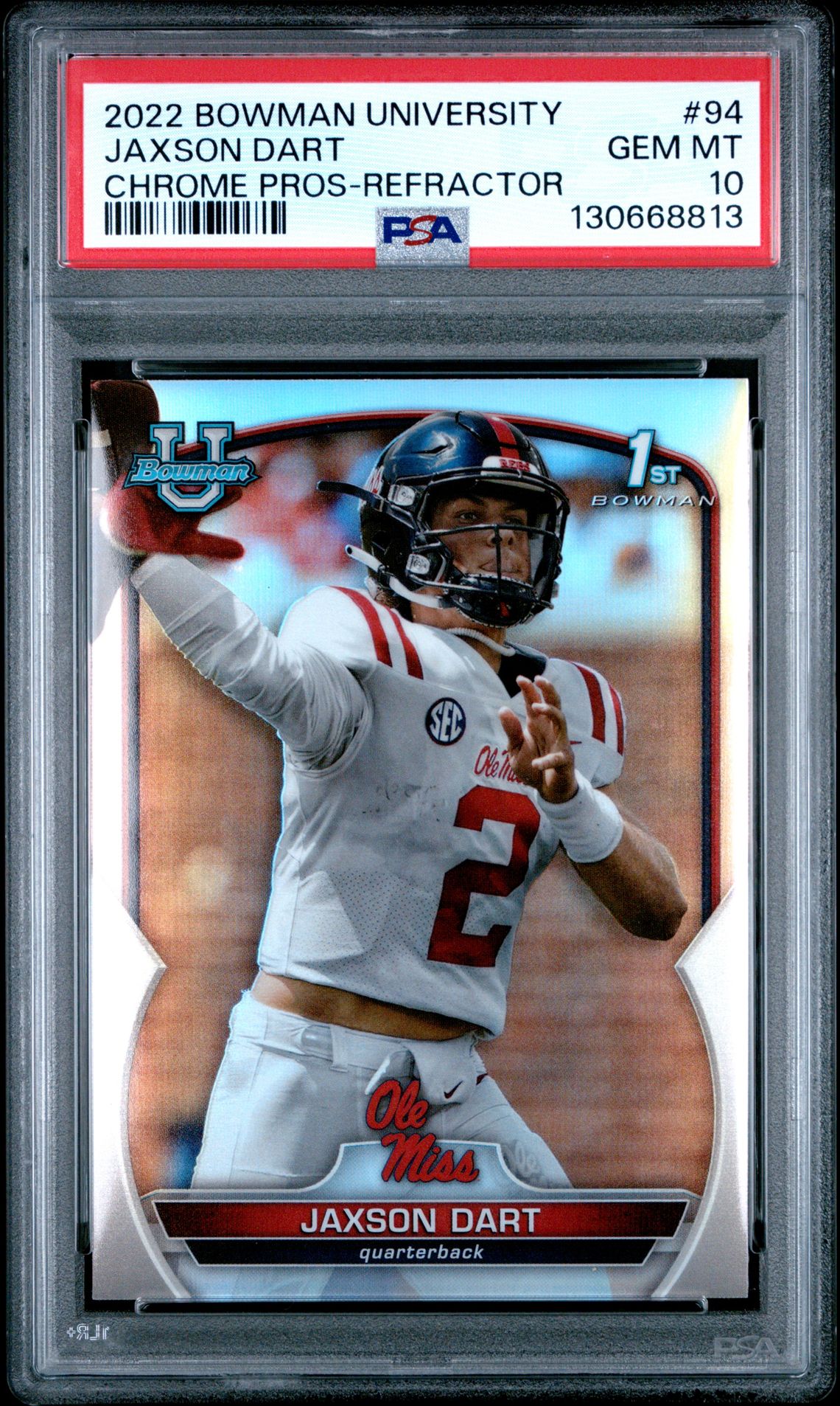 2022 Bowman University Chrome Prospects Jaxson Dart #94 (Chrome Pros-Refractor) Gem Mt 10 front