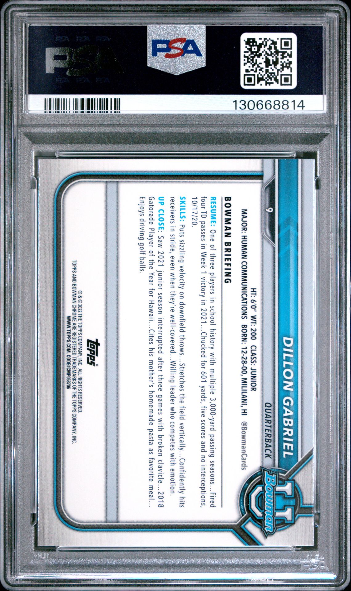 2021 Bowman University Chrome Prospects Dillon Gabriel #9 Gem Mt 10 back