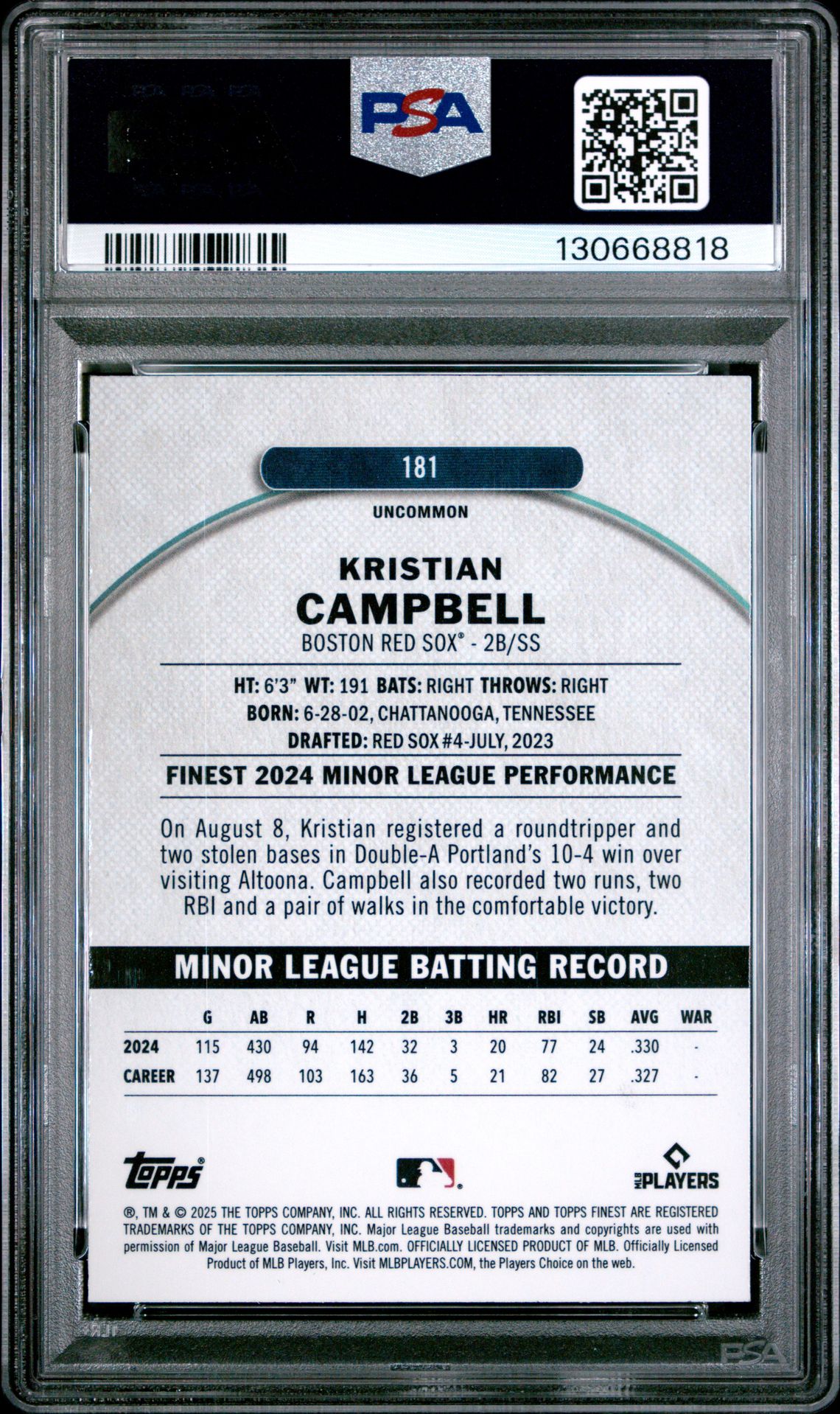 2025 Topps Finest Kristian Campbell #181 (Blue Refractor) Gem Mt 10 back