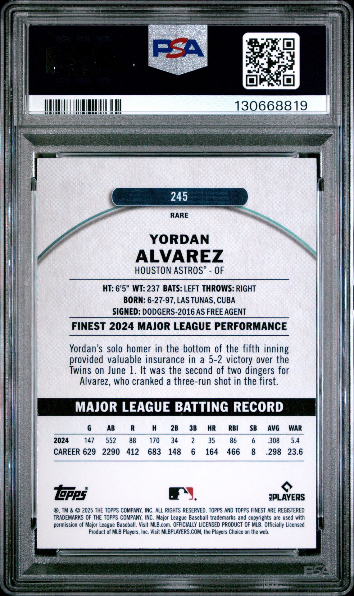 2025 Topps Finest Yordan Alvarez #245 (Blue Refractor) Gem Mt 10 back