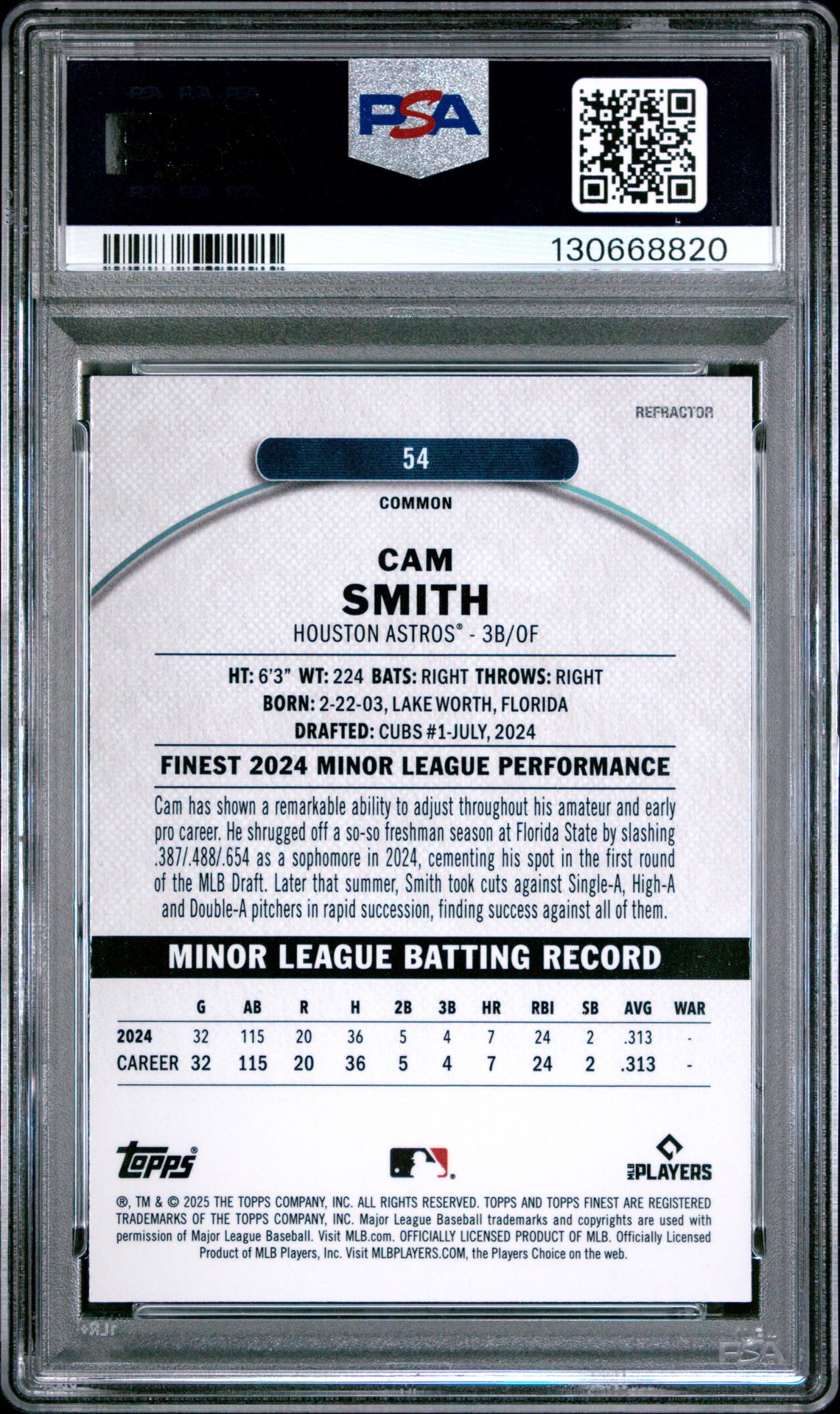 2025 Topps Finest Cam Smith #54 (Refractor) Gem Mt 10 back