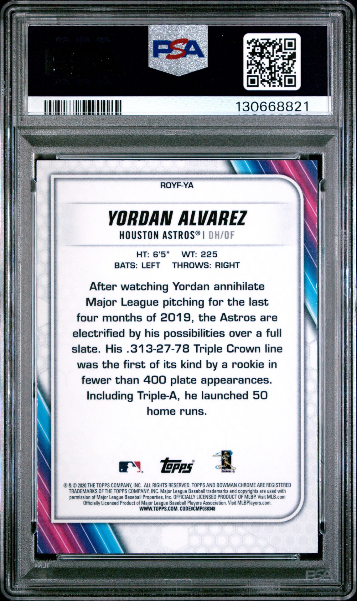 2020 Bowman Chrome Rookie Of The Year Favorites Yordan Alvarez #Ya (Roy Favorites) Gem Mt 10 back