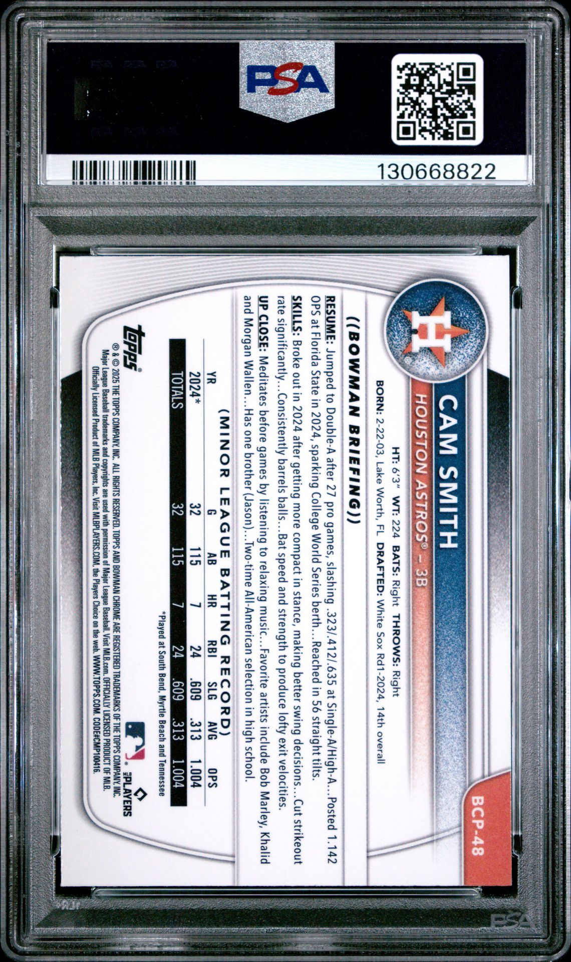 2025 Bowman Sapphire Edition Chrome Prospects Cam Smith #Bcp48 Gem Mt 10 back