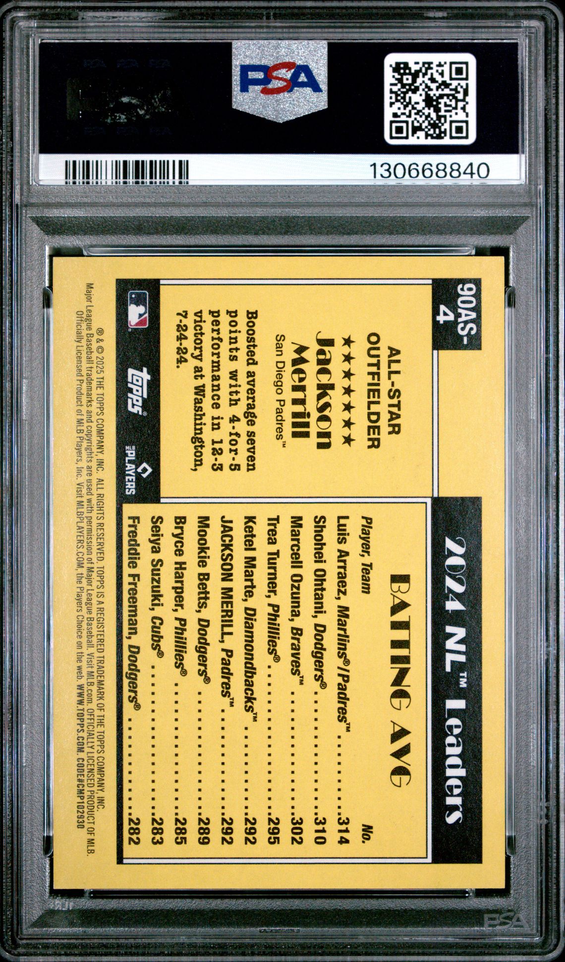 2025 Topps 1990 Topps All-Star Jackson Merrill #90As4 (1990 Topps All-Star-Orange) Mint 9 back