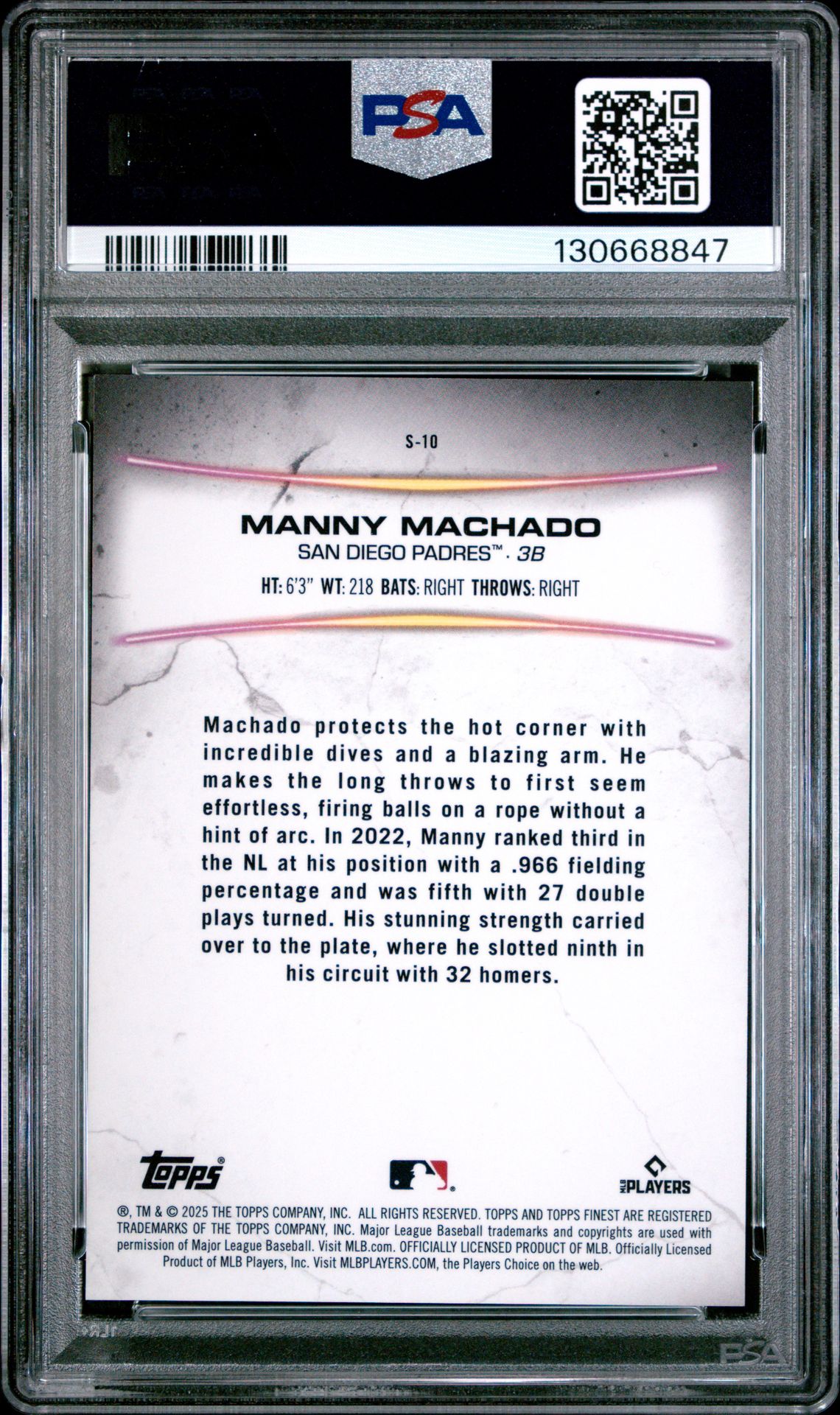 2025 Topps Finest Smashing Through Manny Machado #S10 Gem Mt 10 back view - PSA certificate #130668847