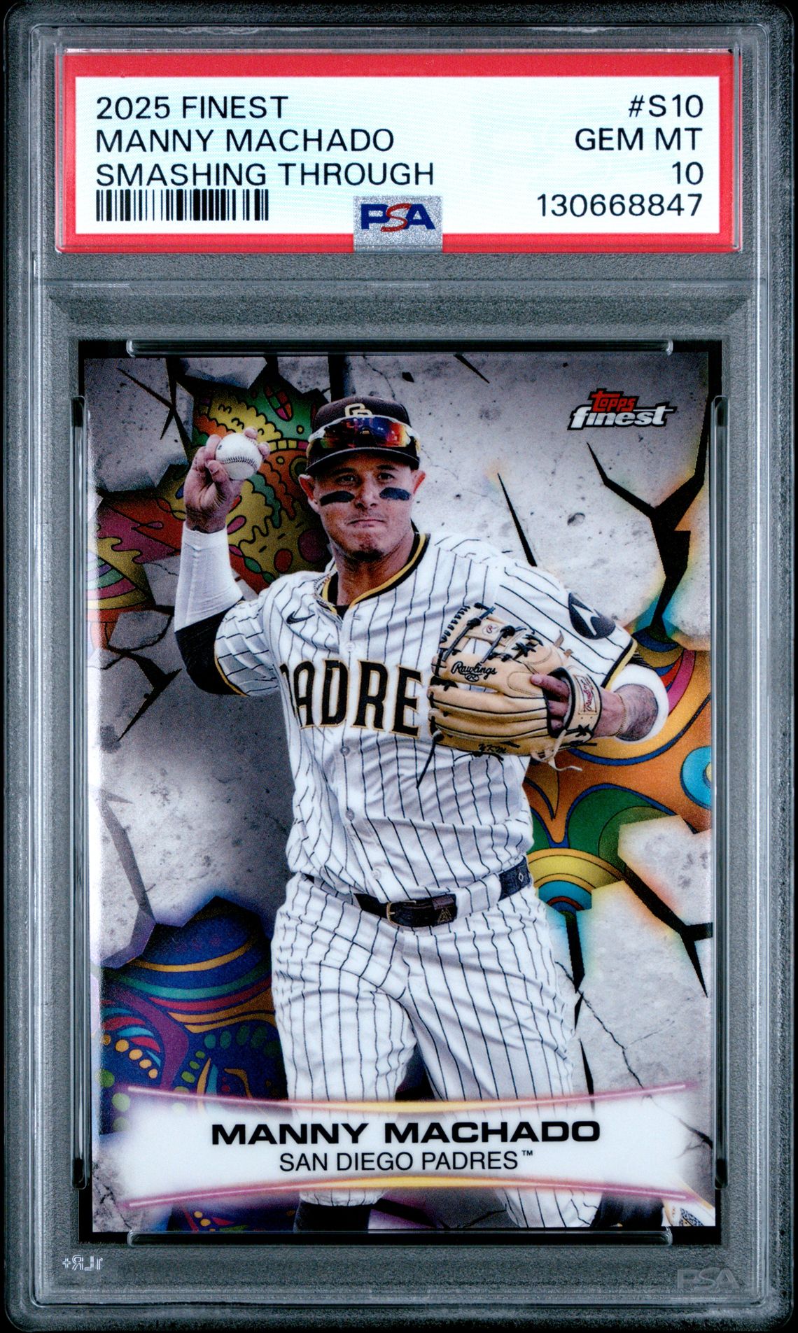 2025 Topps Finest Smashing Through Manny Machado #S10 Gem Mt 10 front view - PSA graded GEM MT 10