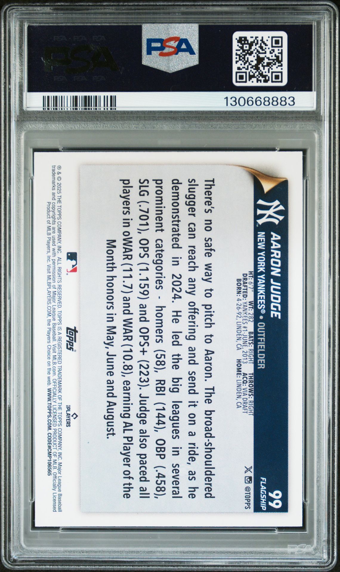 2025 Topps Flagship Collection Aaron Judge #99 Gem Mt 10 back