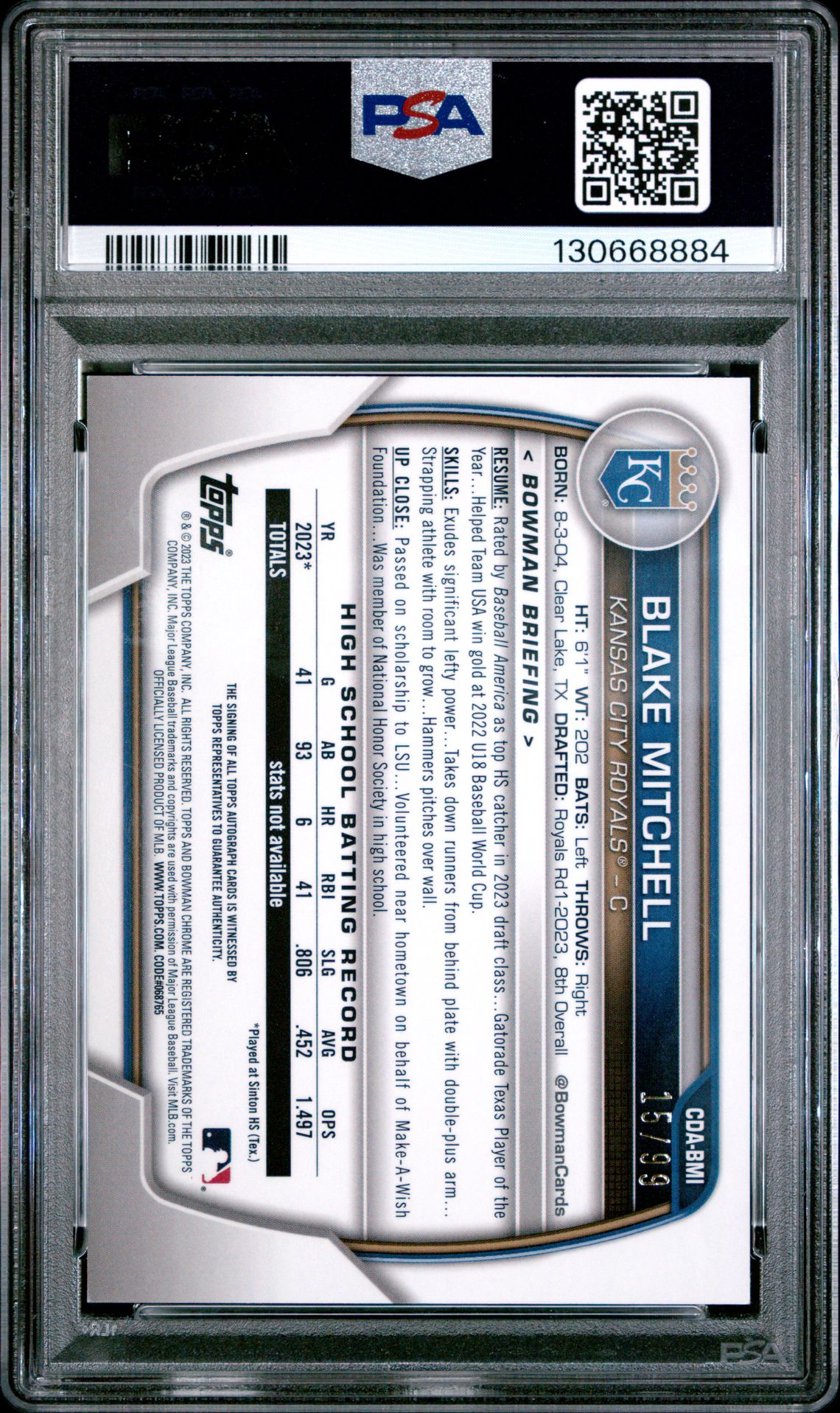 2023 Bowman Draft Chrome Prospect Autograph Blake Mitchell #Cdabmi (Chrome Prspct Au-Green Lava) Gem Mt 10 back