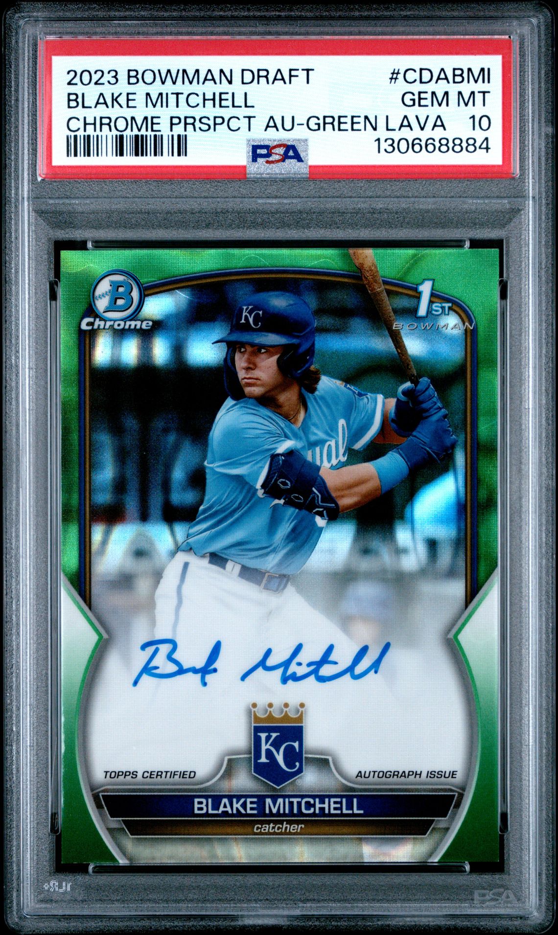 2023 Bowman Draft Chrome Prospect Autograph Blake Mitchell #Cdabmi (Chrome Prspct Au-Green Lava) Gem Mt 10 front