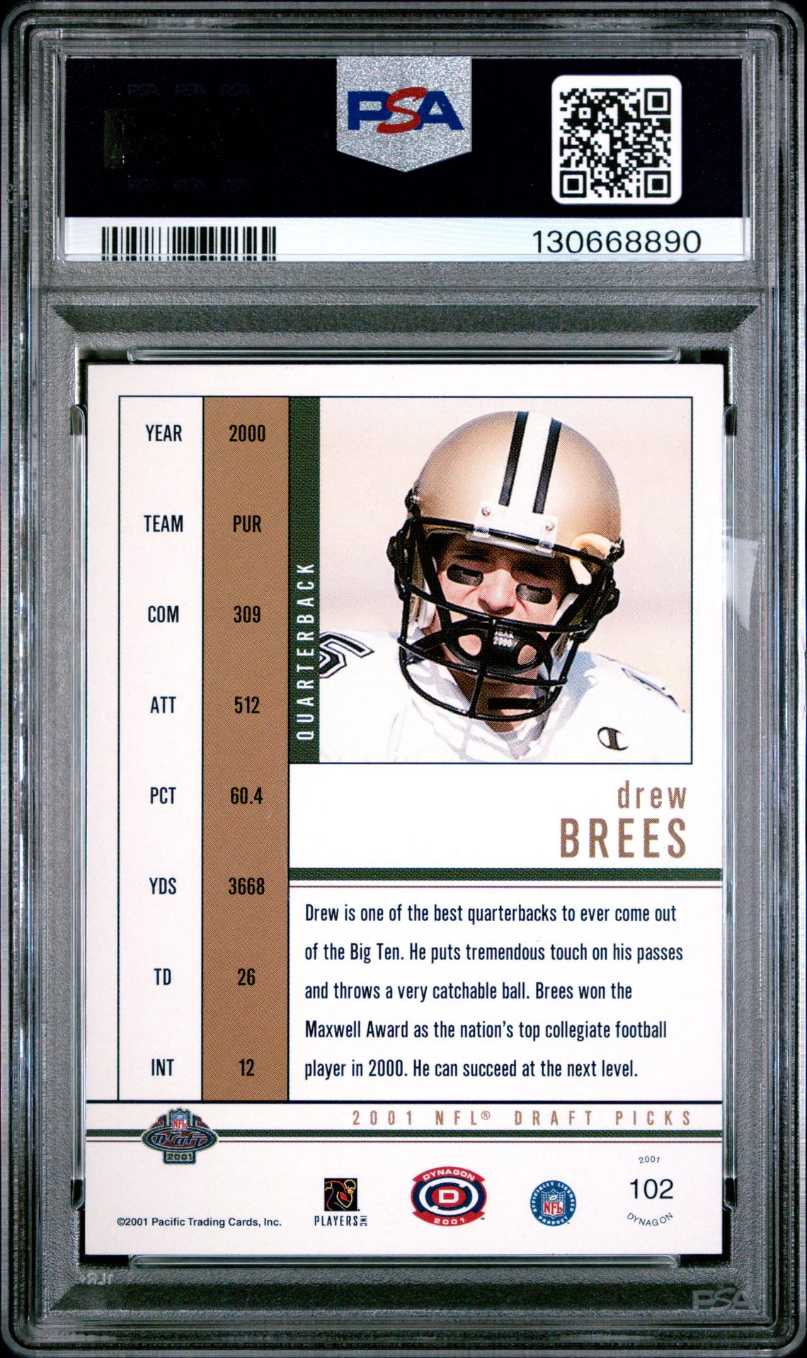 2001 Pacific Dynagon Drew Brees #102 (Retail) Mint 9 back