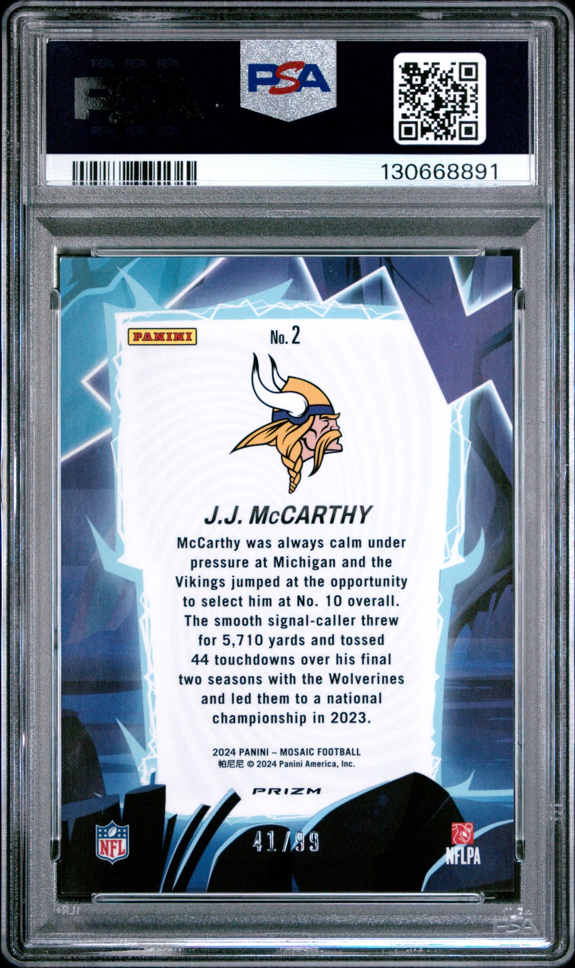 2024 Panini Mosaic Storm Jj Mccarthy #2 (Storm-Blue) Mint 9 back