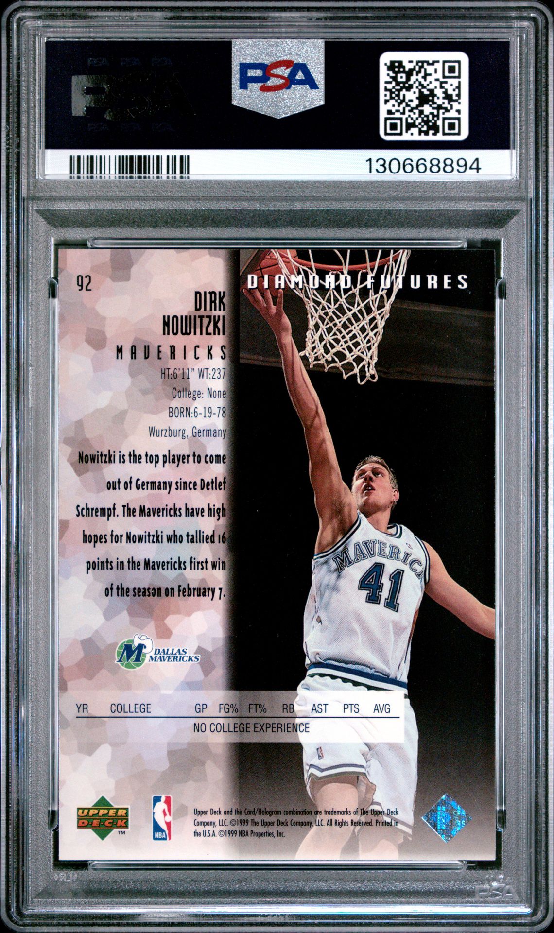 1998 Upper Deck Black Diamond Dirk Nowitzki #92 (Single) Mint 9 back