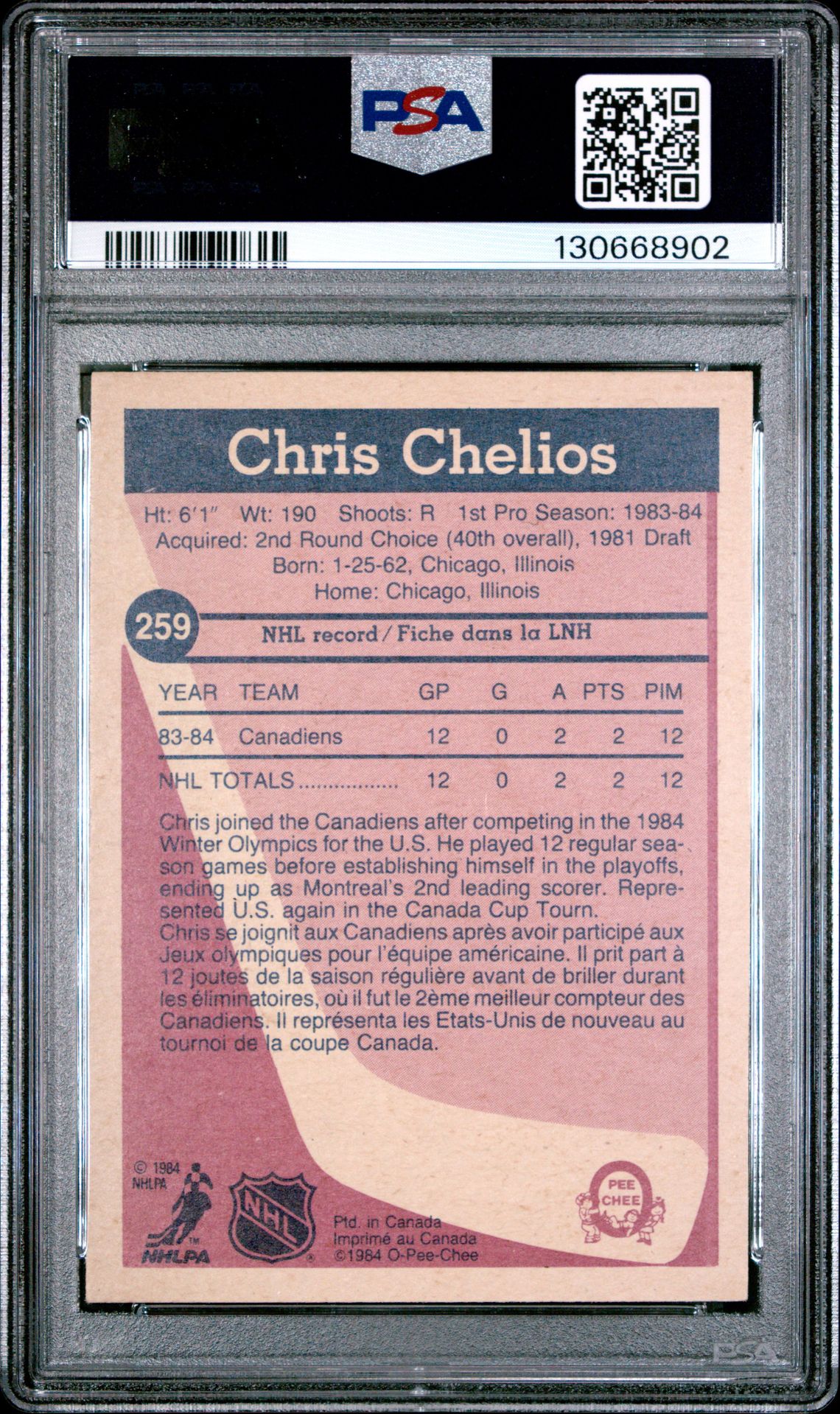 1984 O-Pee-Chee Chris Chelios #259 Nm-Mt 8 back