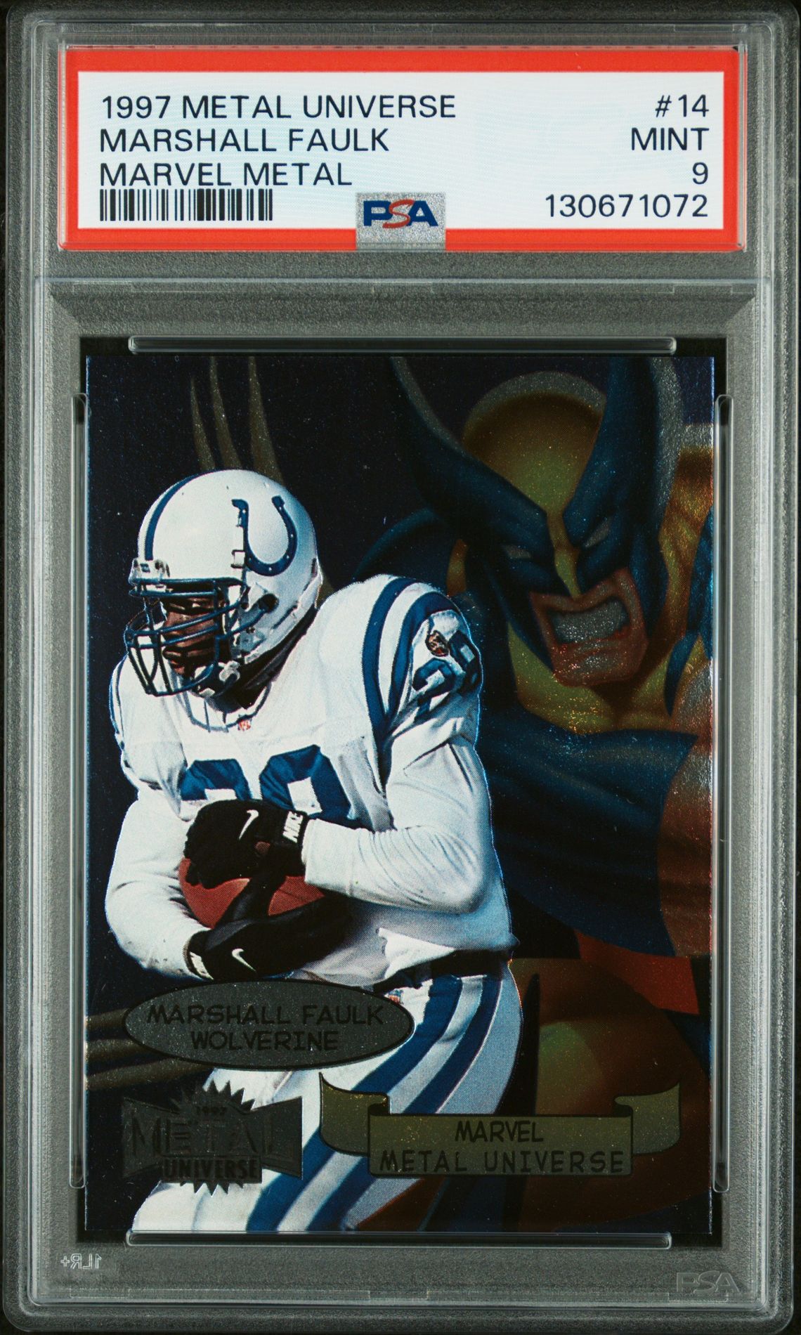 1997 Metal Universe Marvel Metal Marshall Faulk #14 (Marvel Metal) Mint 9 front