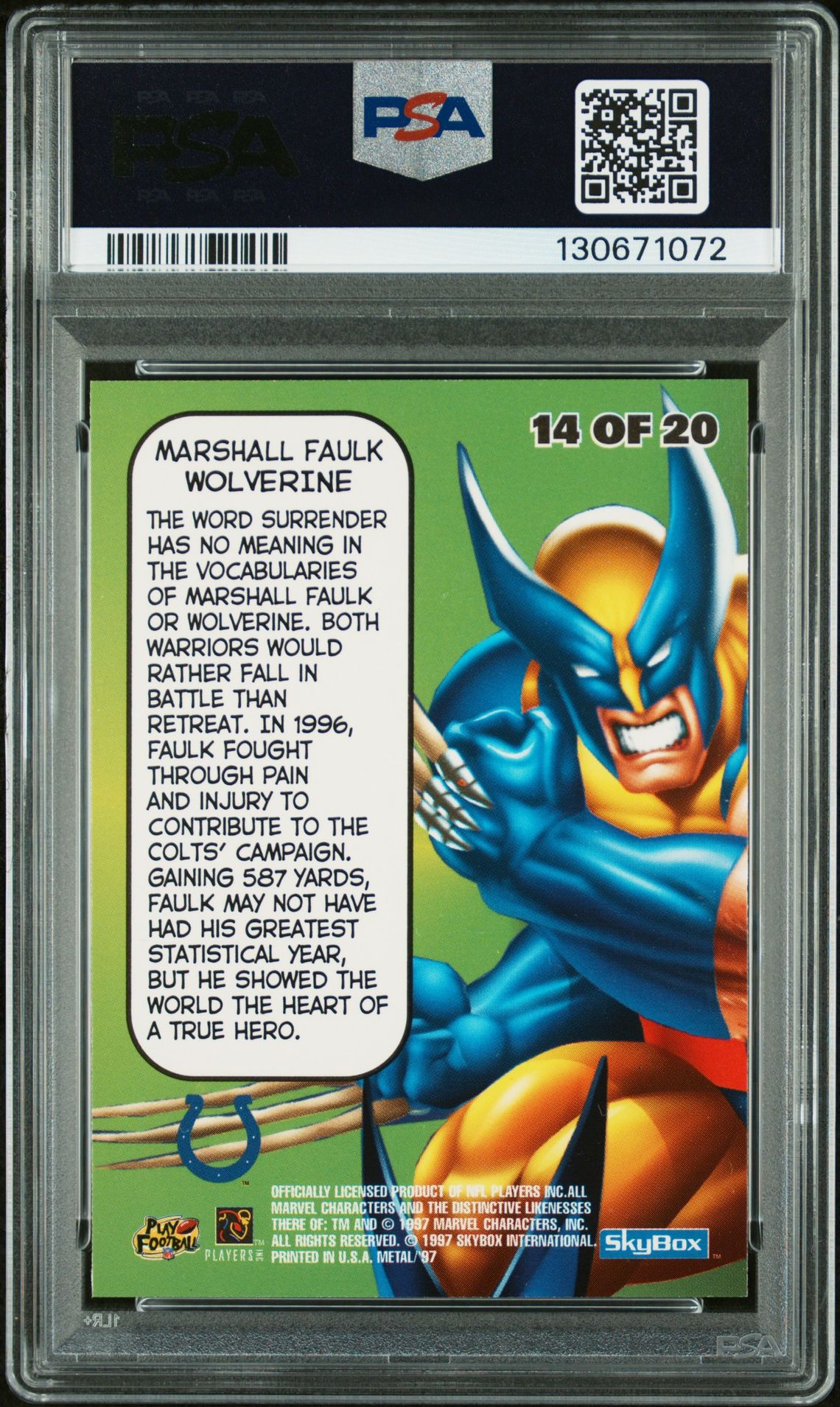 1997 Metal Universe Marvel Metal Marshall Faulk #14 (Marvel Metal) Mint 9 back