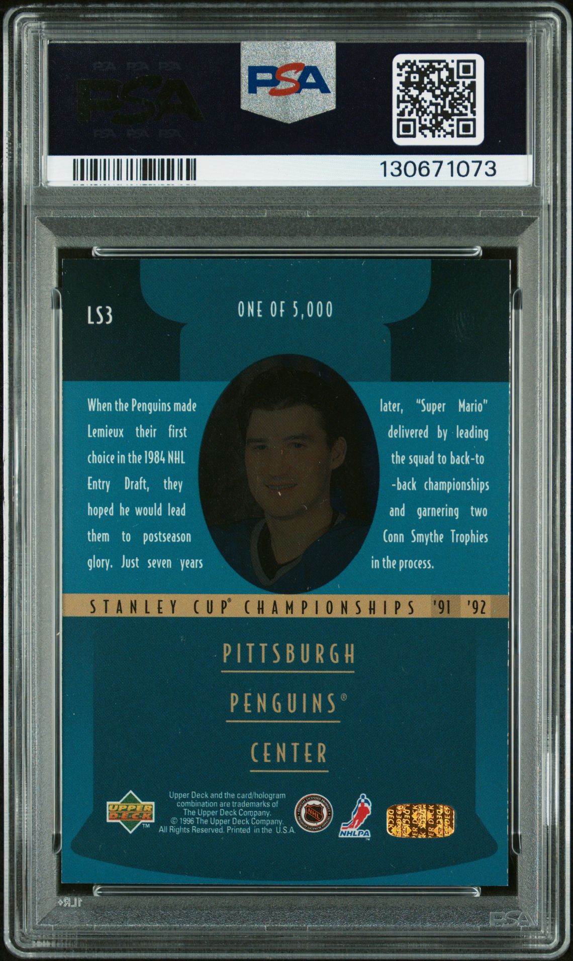 1996 Upper Deck Lord Stanley's Heroes Mario Lemieux #Ls3 (Lrd Stn.heroes-Qrtrfnls) Mint 9 back