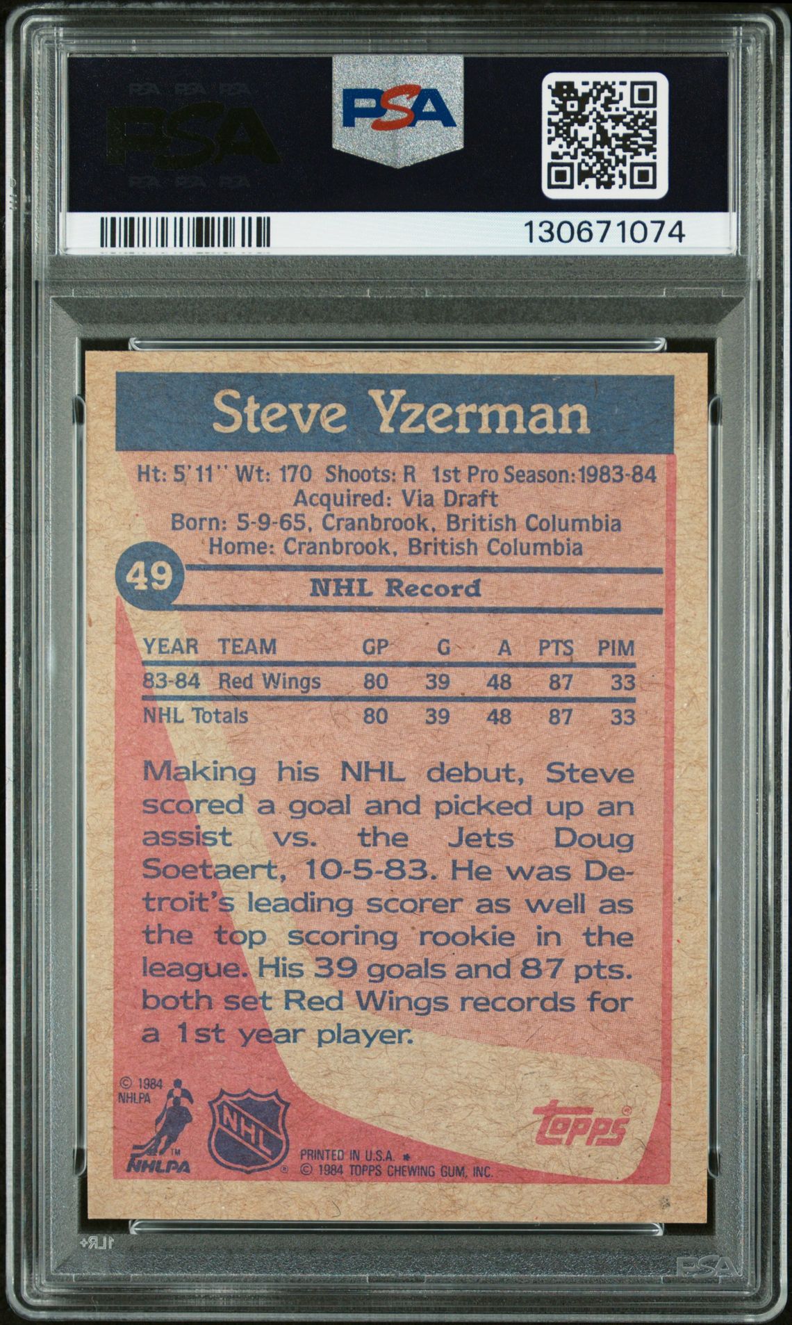 1984 Topps Steve Yzerman #49 Ex-Mt 6 back