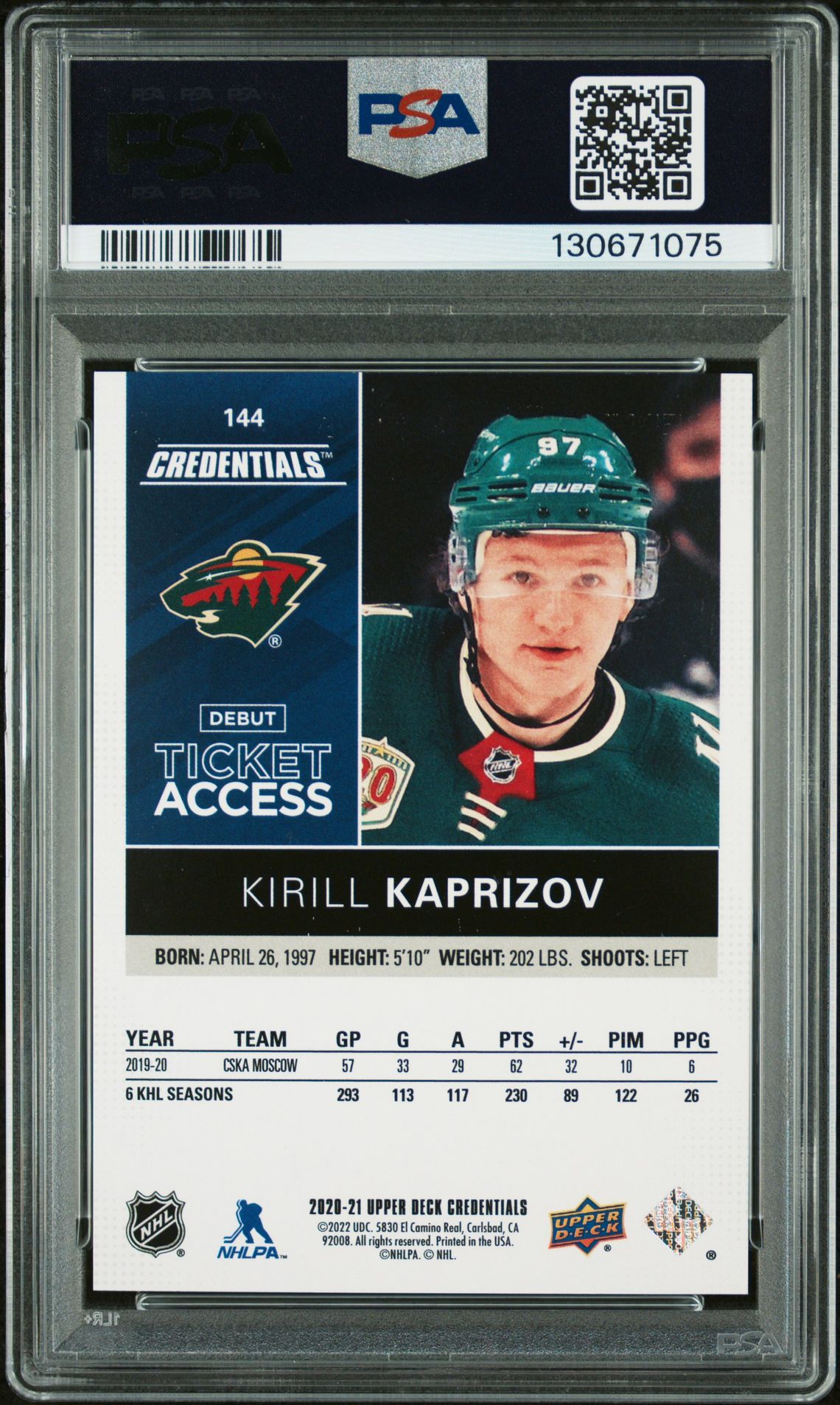 2021 Upper Deck Credentials Update Kirill Kaprizov #144 (Upd-'20 Debut Tkt.access) Mint 9 back