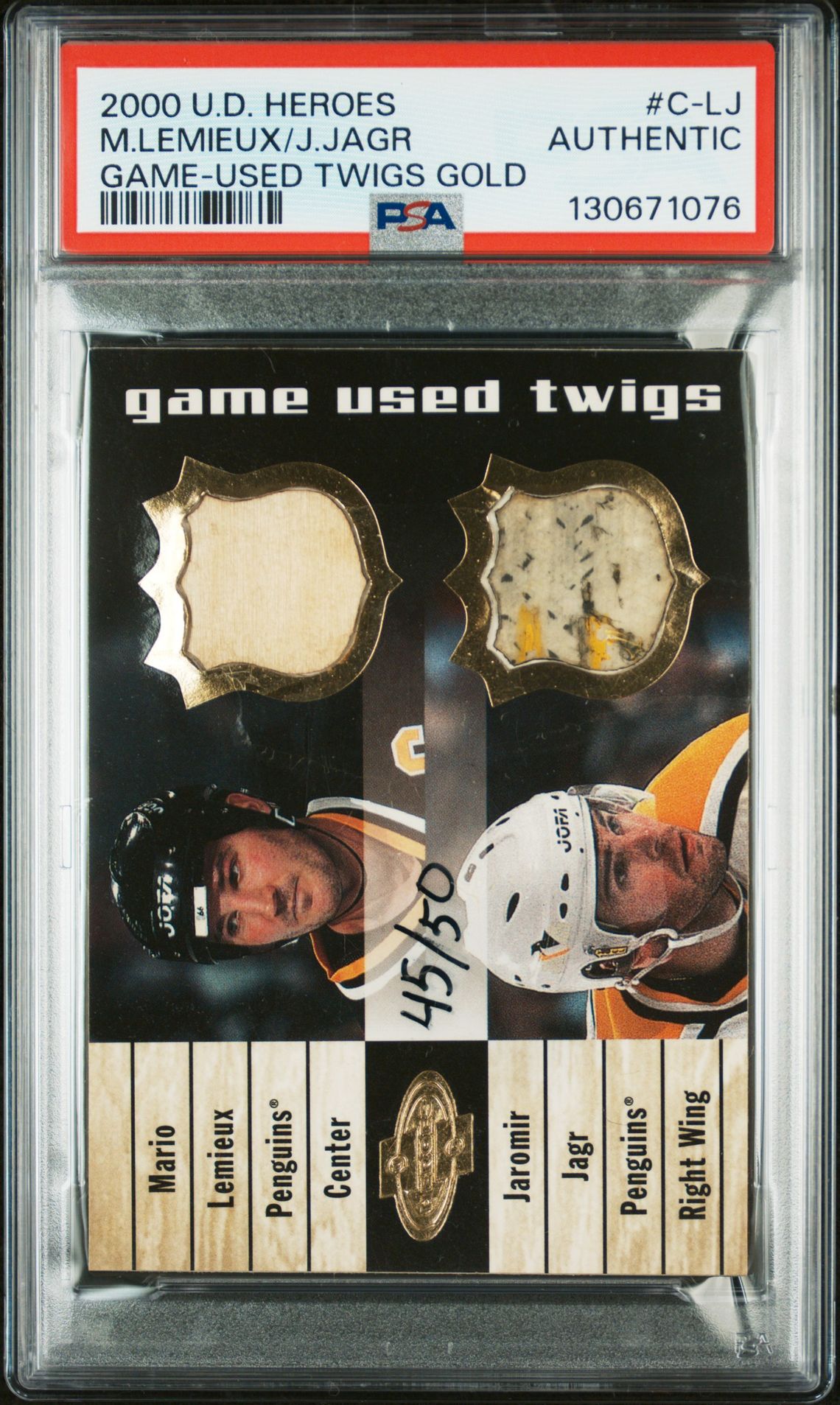 2000 Upper Deck Heroes Game-Used Twigs Gold M.lemieux/J.jagr #C-Lj (Game-Used Twigs Gold) N0: Authentic front