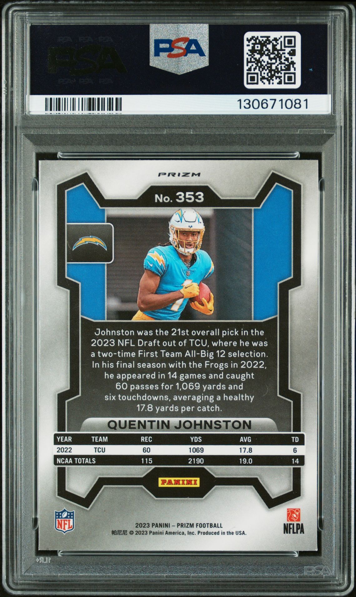 2023 Panini Prizm Quentin Johnston #353 (Black & White Checker) Mint 9 back