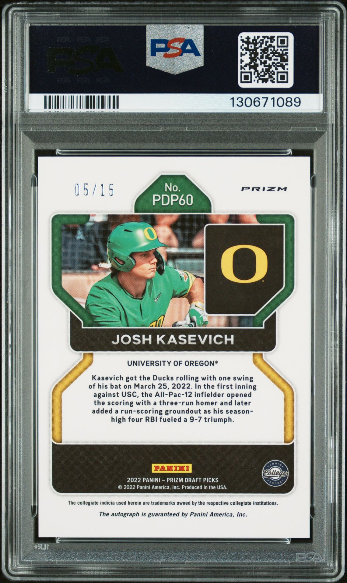 2022 Panini Prizm Draft Picks Josh Kasevich #Pdp60 (Auto-Snake Skin Prizm) Mint 9 back