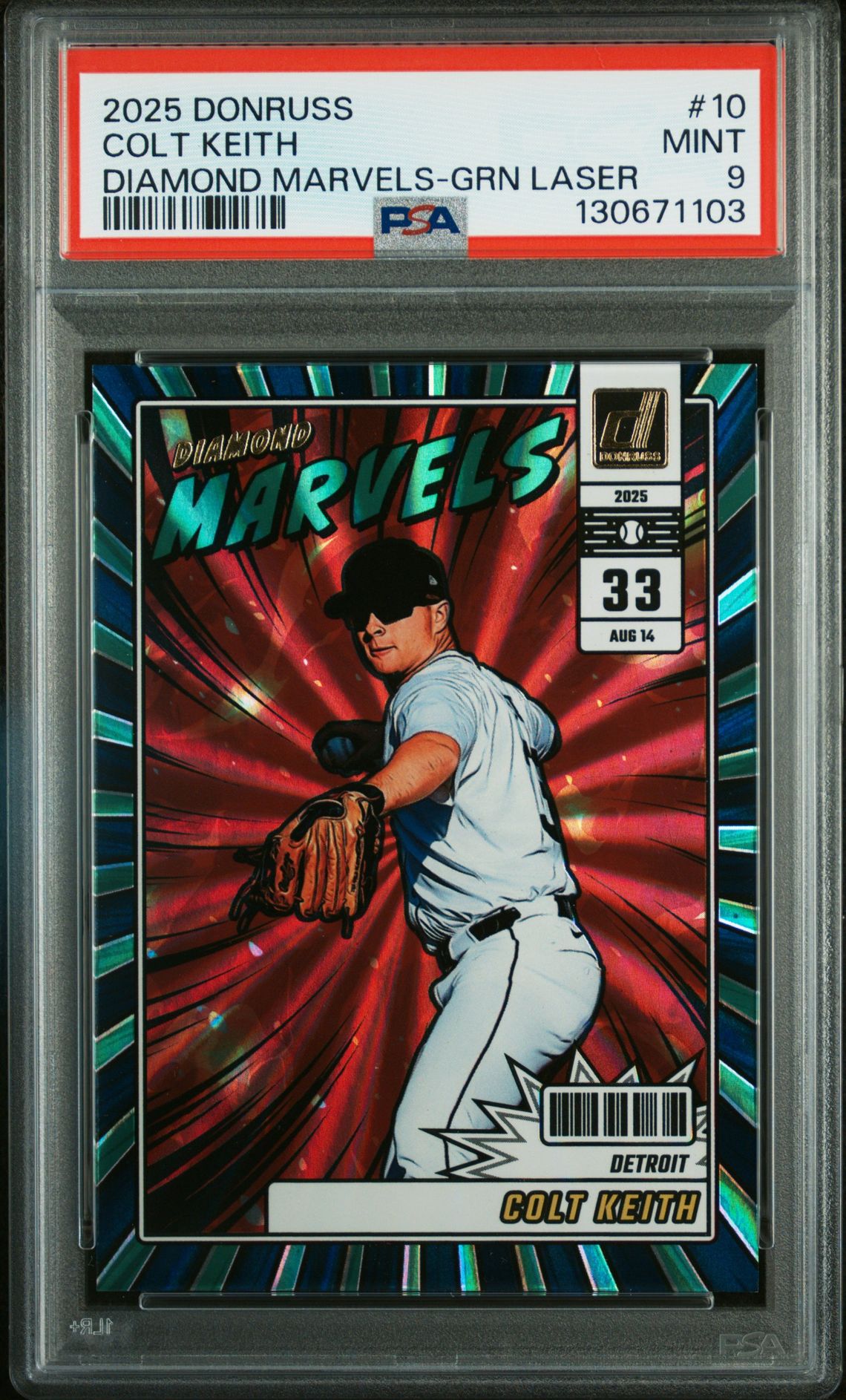 2025 Panini Donruss Diamond Marvels Colt Keith #10 (Diamond Marvels-Grn Laser) Mint 9 front