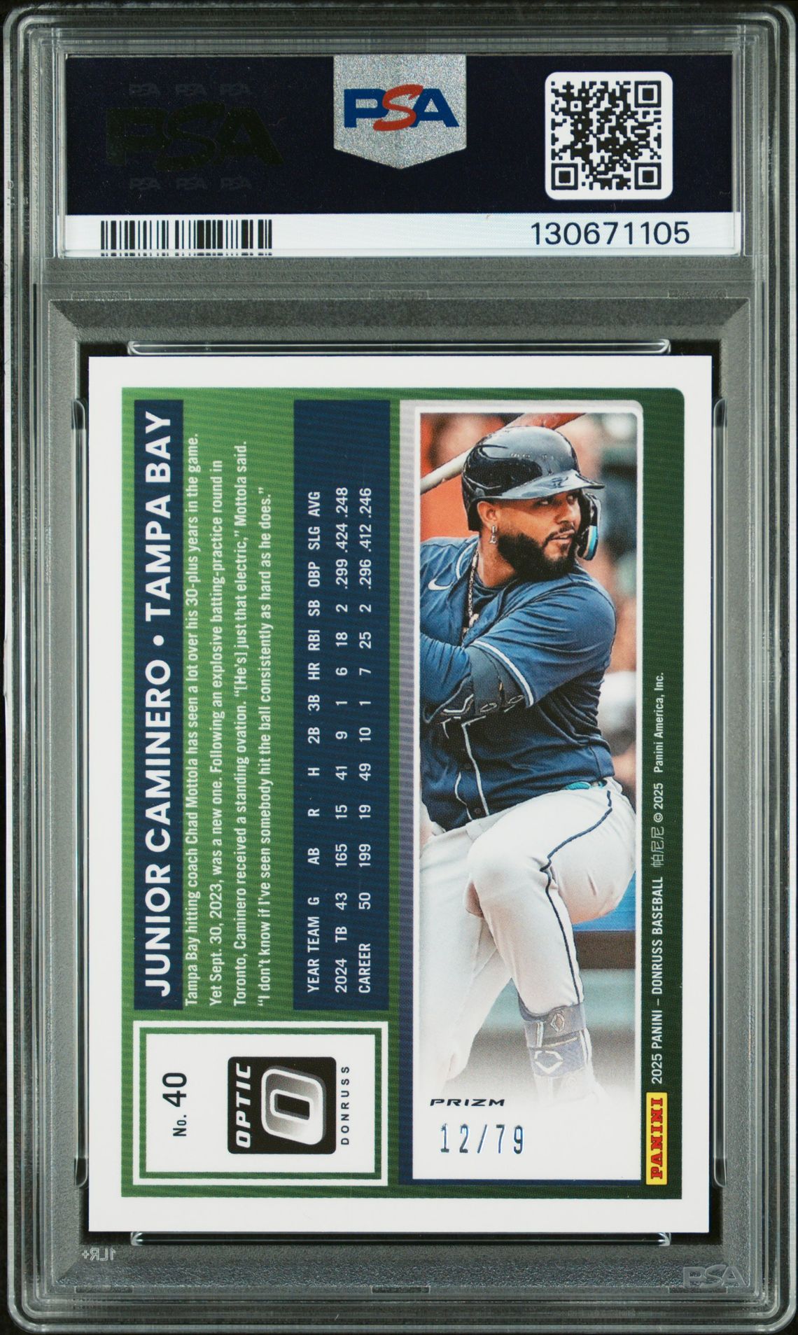 2025 Panini Donruss Junior Caminero #40 (Optic-Pink Velocity) Gem Mt 10 back